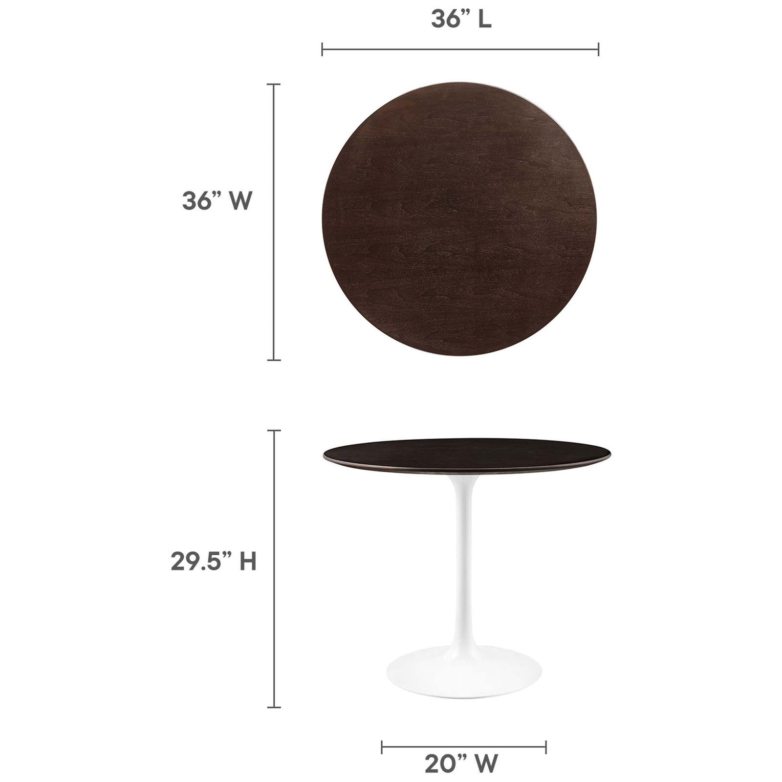 Round dining table shown with labeled measurements for overall height, top, and base width || EEI-5157-WHI-CHE || dimension_studio