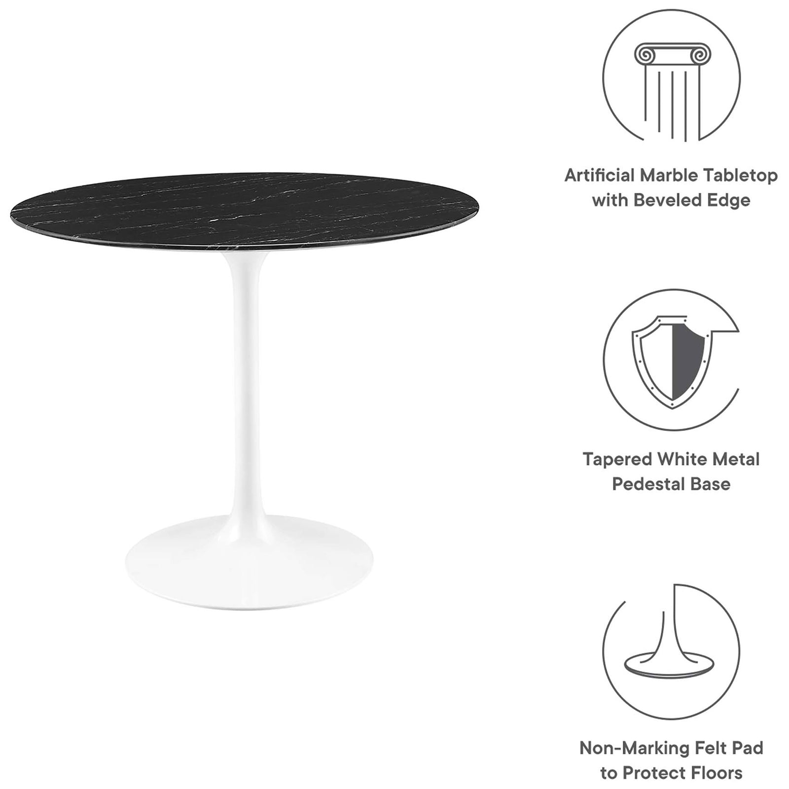 Feature callouts for the Lippa 36 inch table showing faux marble top, pedestal base, and floor protection || EEI-5168-WHI-BLK || callout_studio