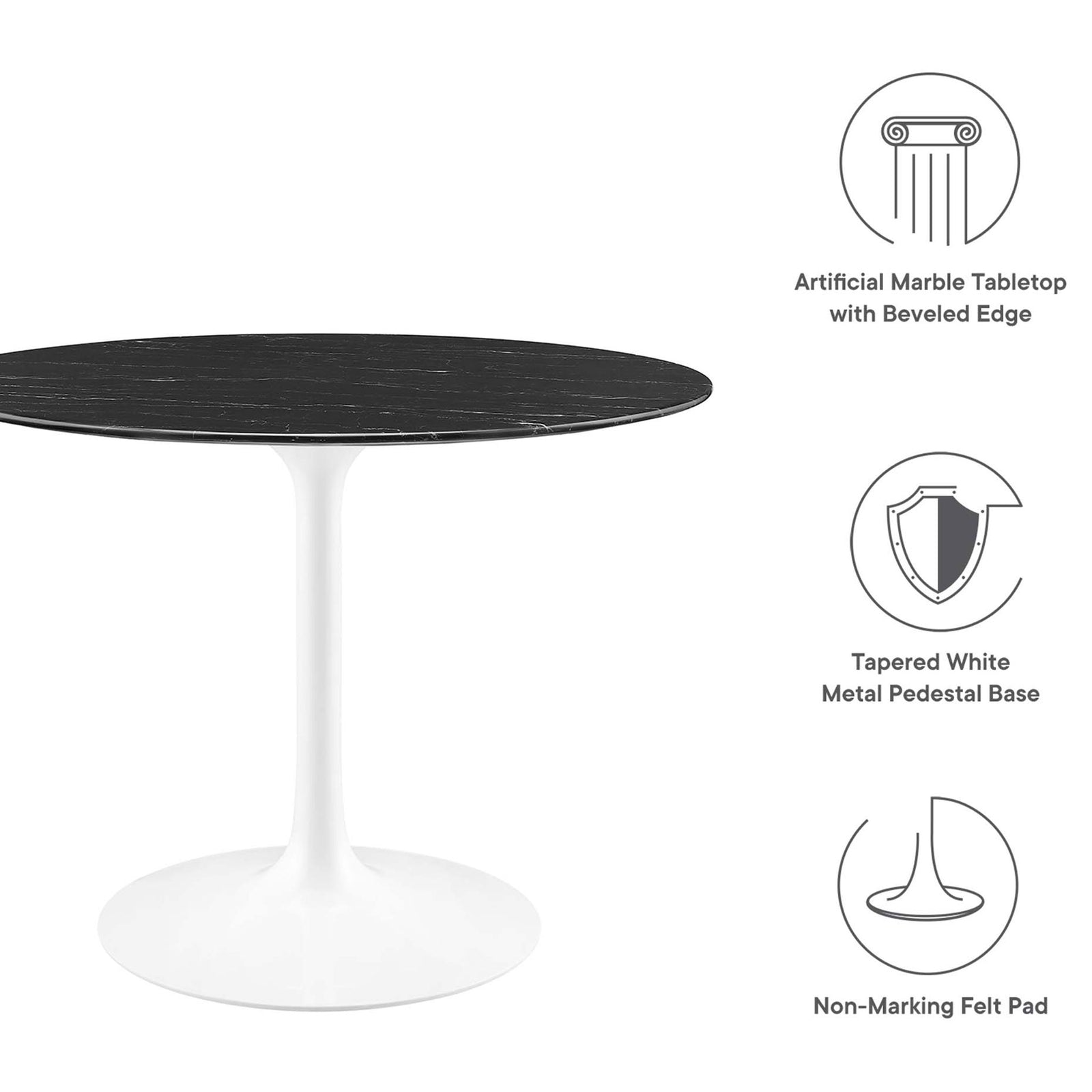 Feature icons highlighting faux marble top, tapered metal pedestal, and non-marking floor glides || EEI-5181-WHI-BLK || callout_studio