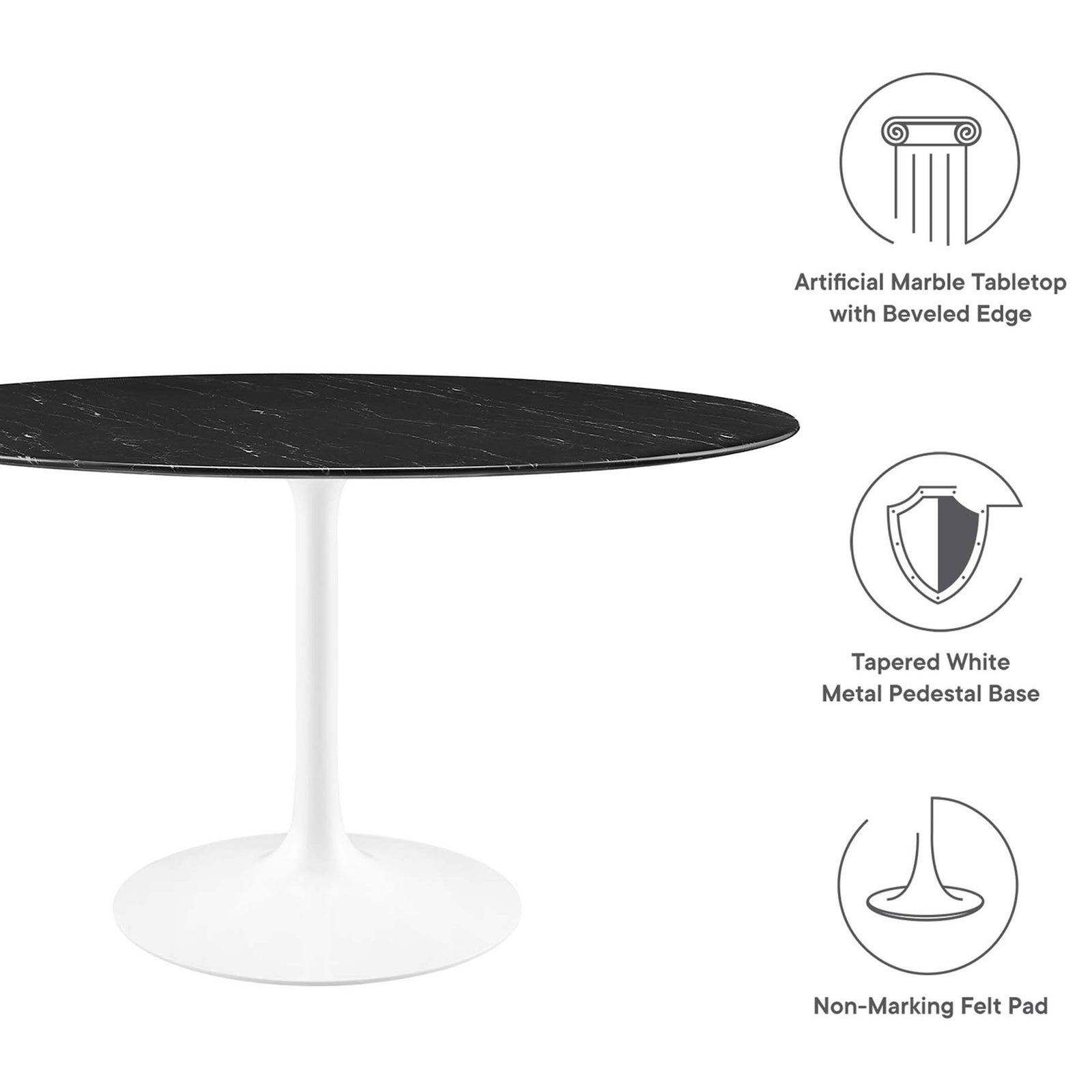 Feature graphic showing faux marble top, tapered white base, and non-marking floor pad details || EEI-5183-WHI-BLK || callout_studio