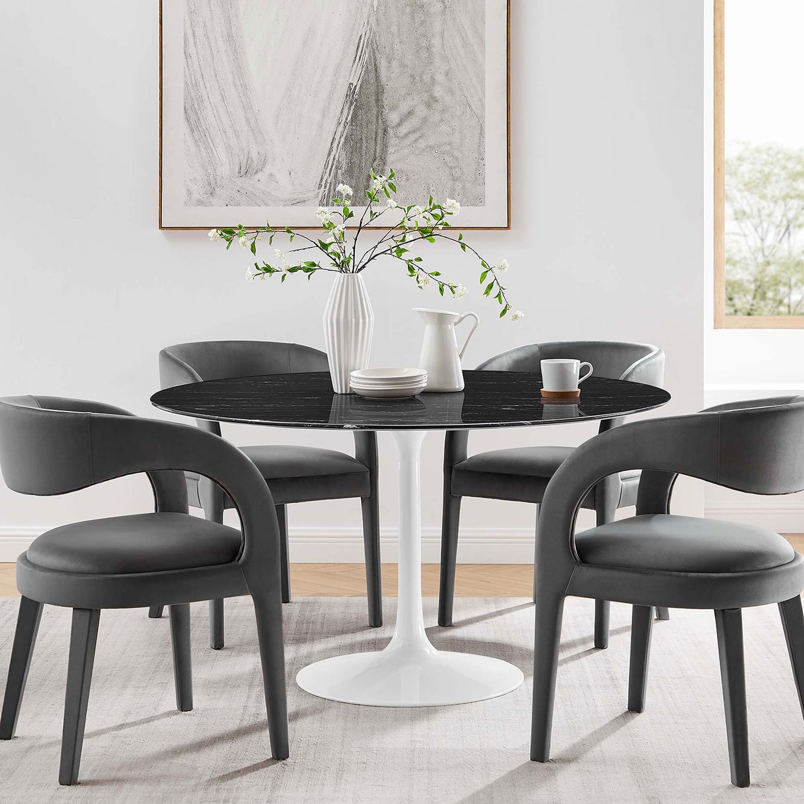 54 inch black faux marble dining table surrounded by four gray chairs in a contemporary room || EEI-5183-WHI-BLK || front_room