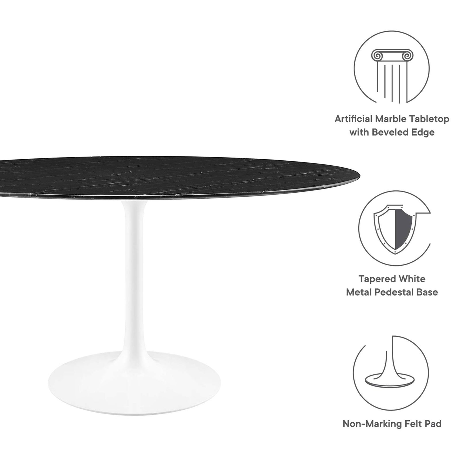 Feature graphic highlighting faux marble top, tapered white base, and floor safe felt pad || EEI-5184-WHI-BLK || callout_studio