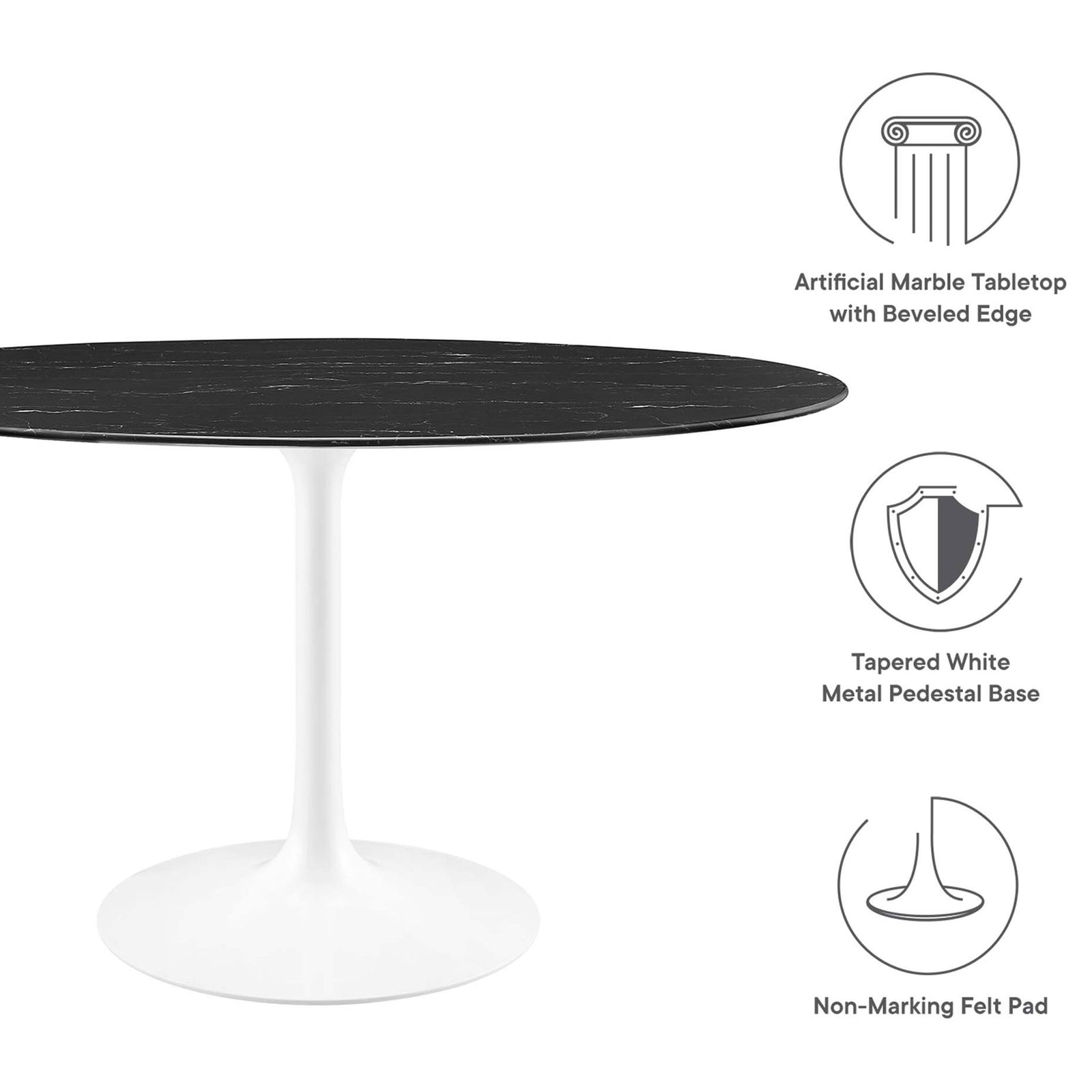 Feature highlights of the Lippa 54 in. oval dining table with faux marble top and protective felt pad || EEI-5185-WHI-BLK || callout_studio