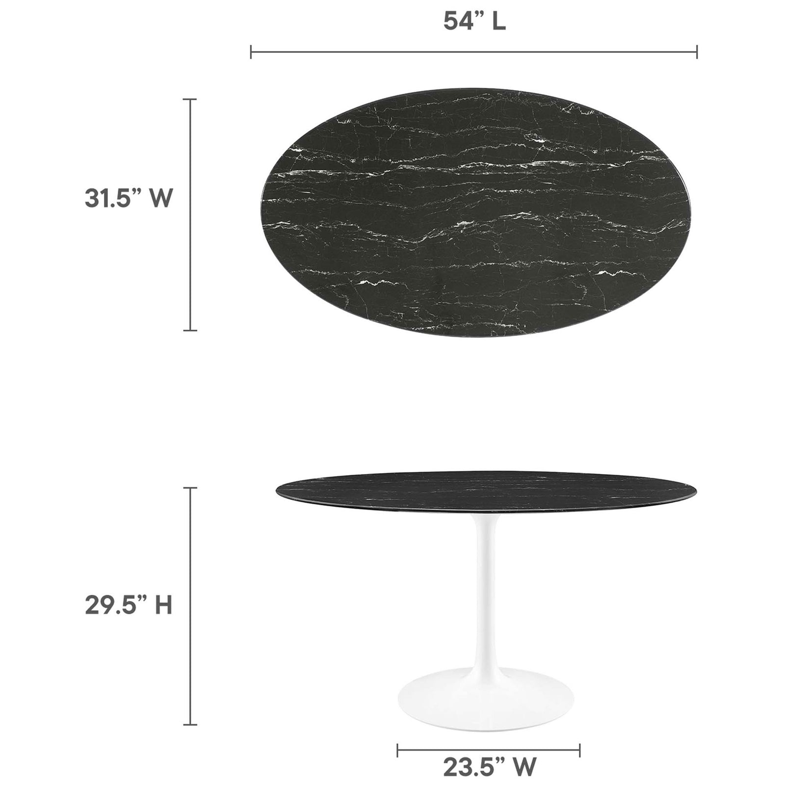 Dimensions for the Lippa 54 in. oval faux marble dining table with 31.5 in. width and 29.5 in. height || EEI-5185-WHI-BLK || dimension_studio
