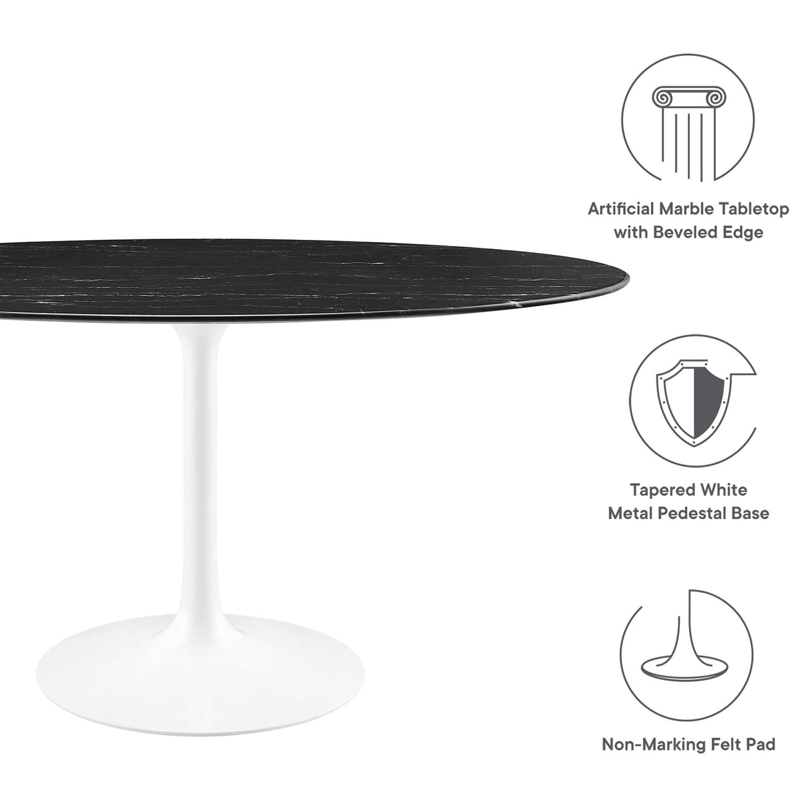 Key features of the Lippa 60 in. oval dining table including beveled faux marble top and tapered pedestal base || EEI-5186-WHI-BLK || callout_studio