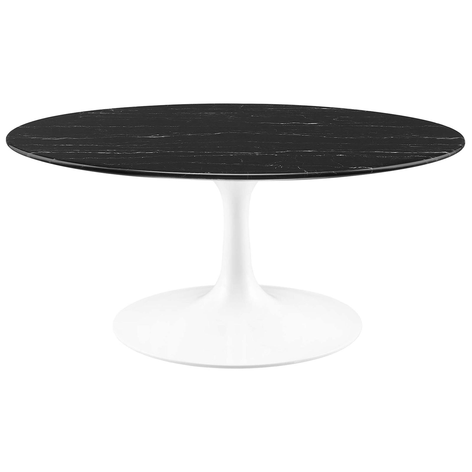 Sleek round coffee table with black marble-look top and a smooth white pedestal base || EEI-5191-WHI-BLK || front_studio