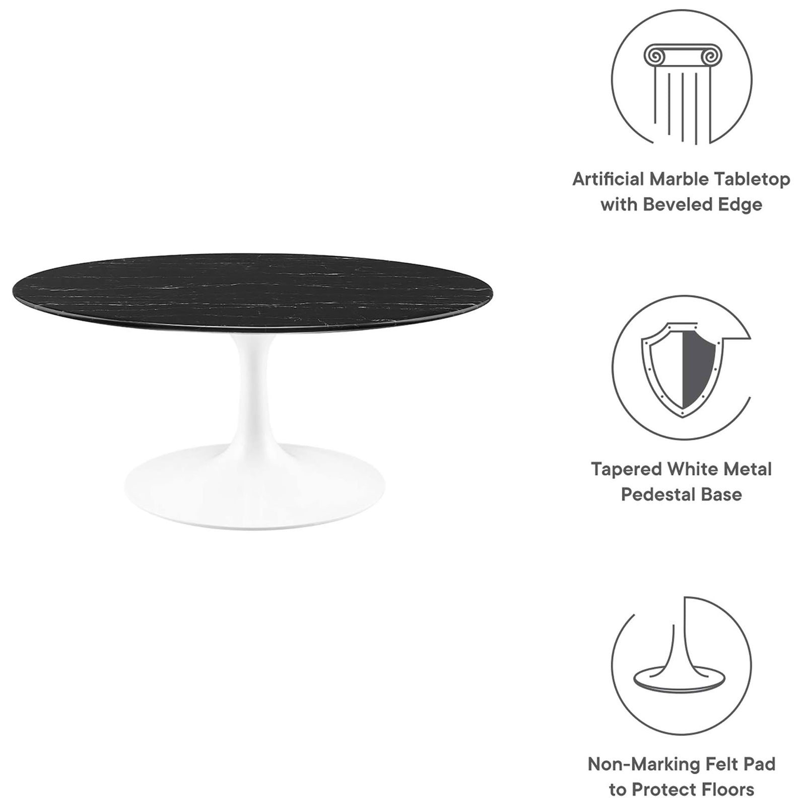 Artificial marble top, tapered white pedestal base, and floor-protecting felt pad || EEI-5191-WHI-BLK || callout_studio