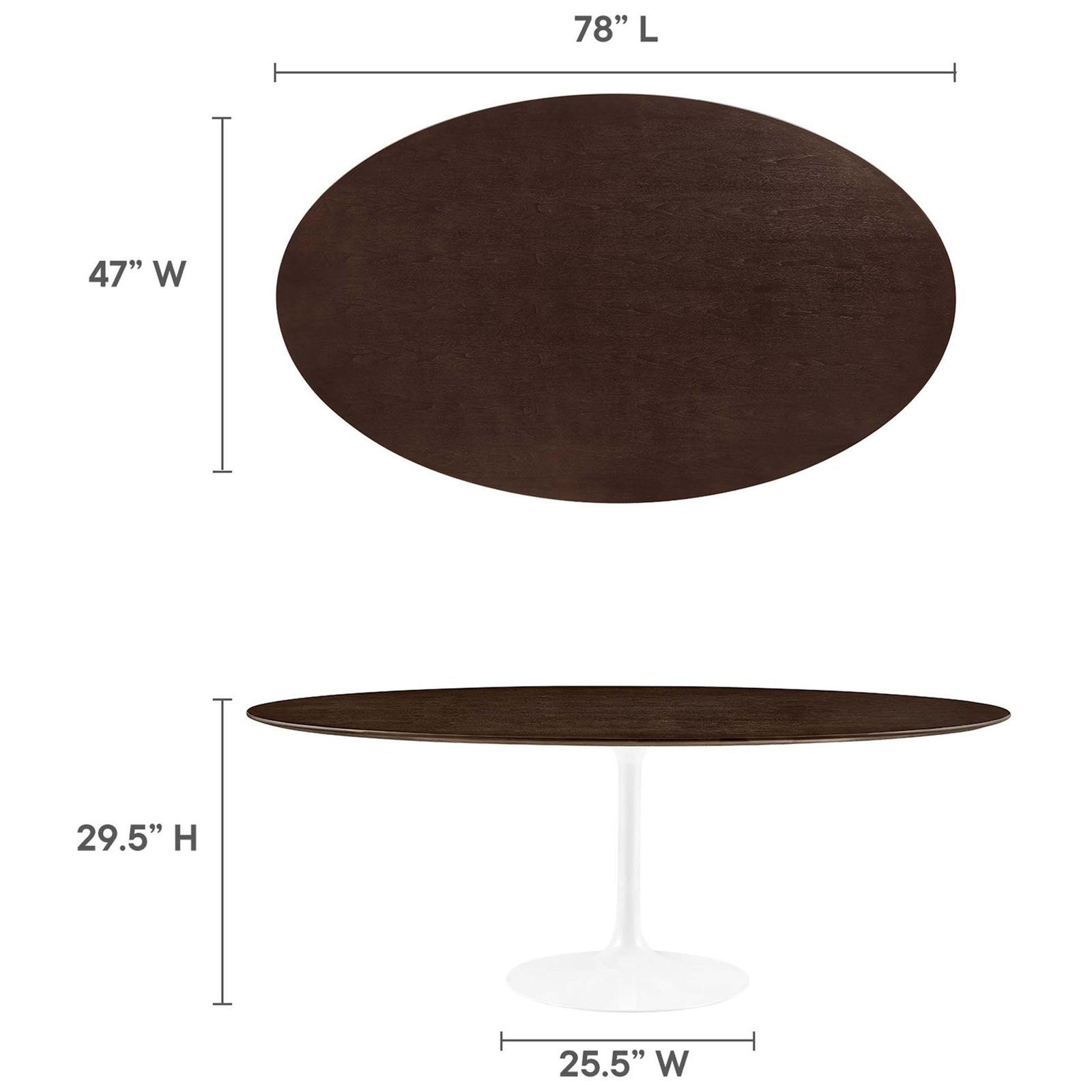 Dimension diagram of 78 inch oval dining table detailing top size, height, and base width || EEI-5196-WHI-CHE || dimension_studio