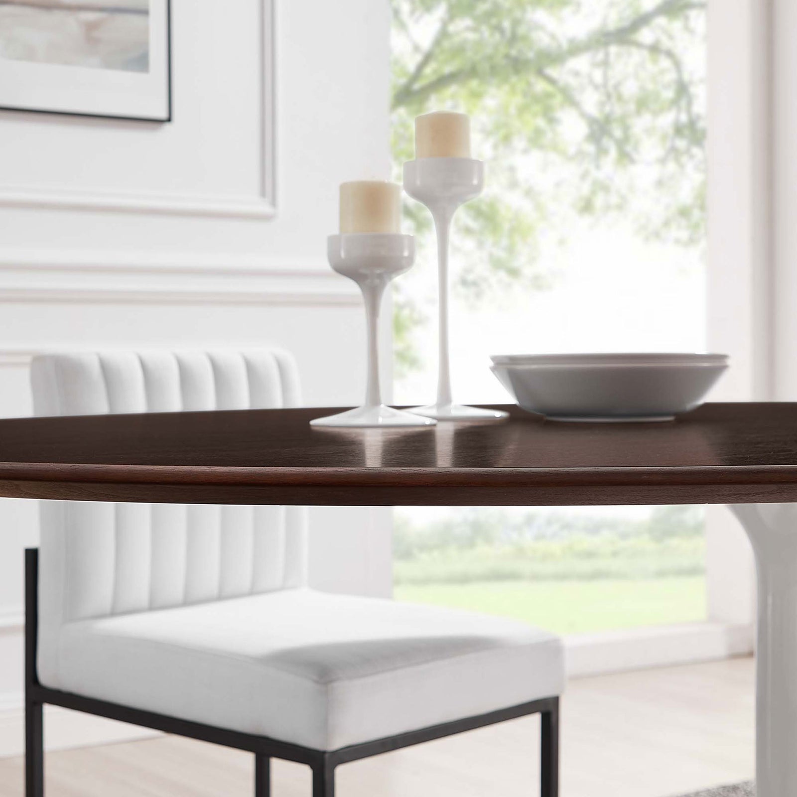 Cherry walnut tabletop paired with sleek white accents in a bright windowed dining space || EEI-5196-WHI-CHE || detail_room