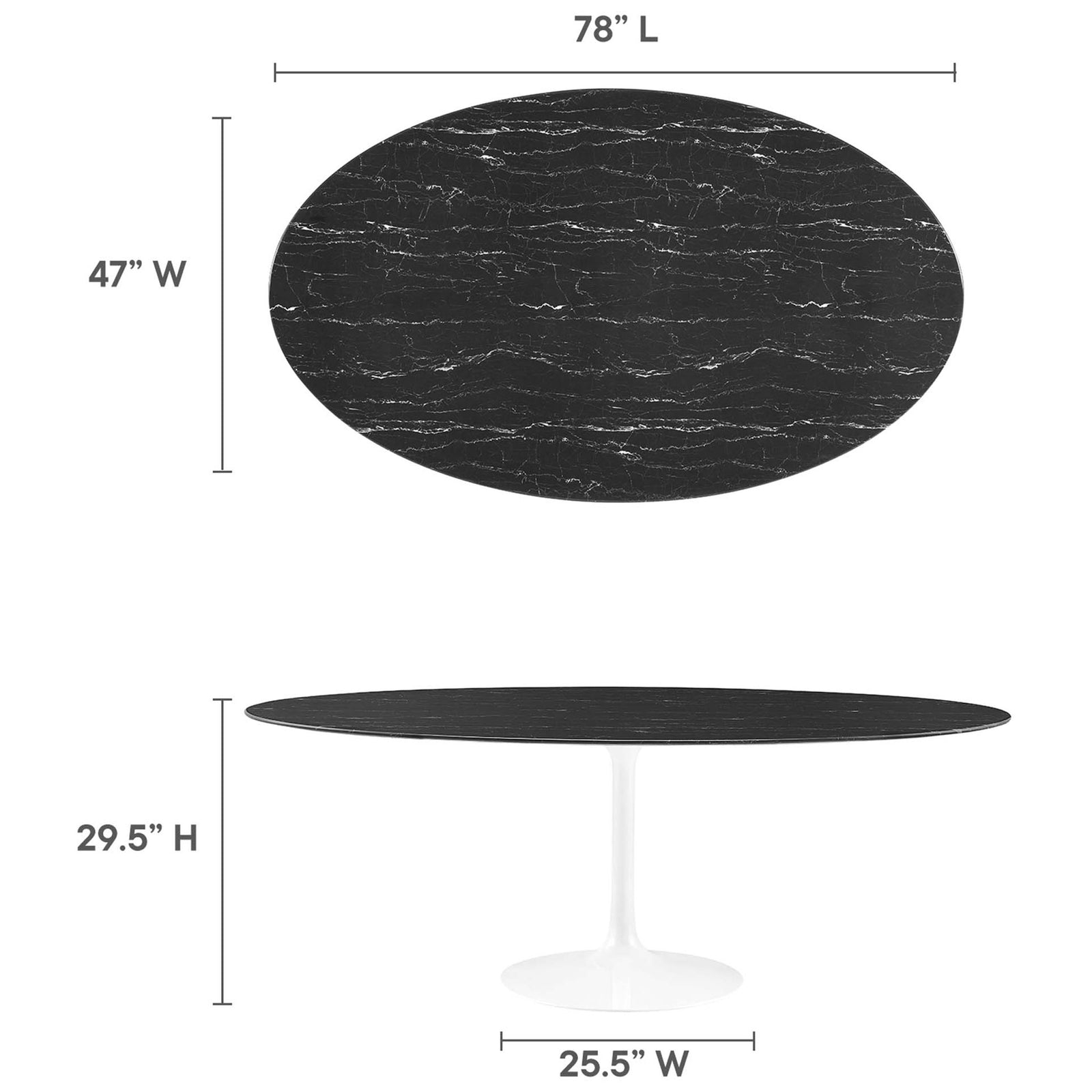 Dimensions for the Lippa 78 in. oval faux marble dining table with 47 in. width and 28.5 in. height || EEI-5198-WHI-BLK || dimension_studio