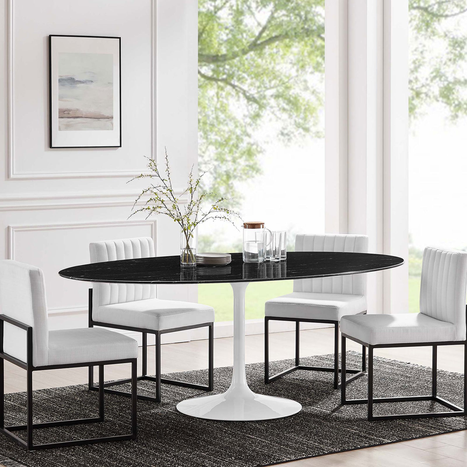 Lippa 78 in. oval black faux marble dining table with white pedestal base and four modern white chairs || EEI-5198-WHI-BLK || front_room