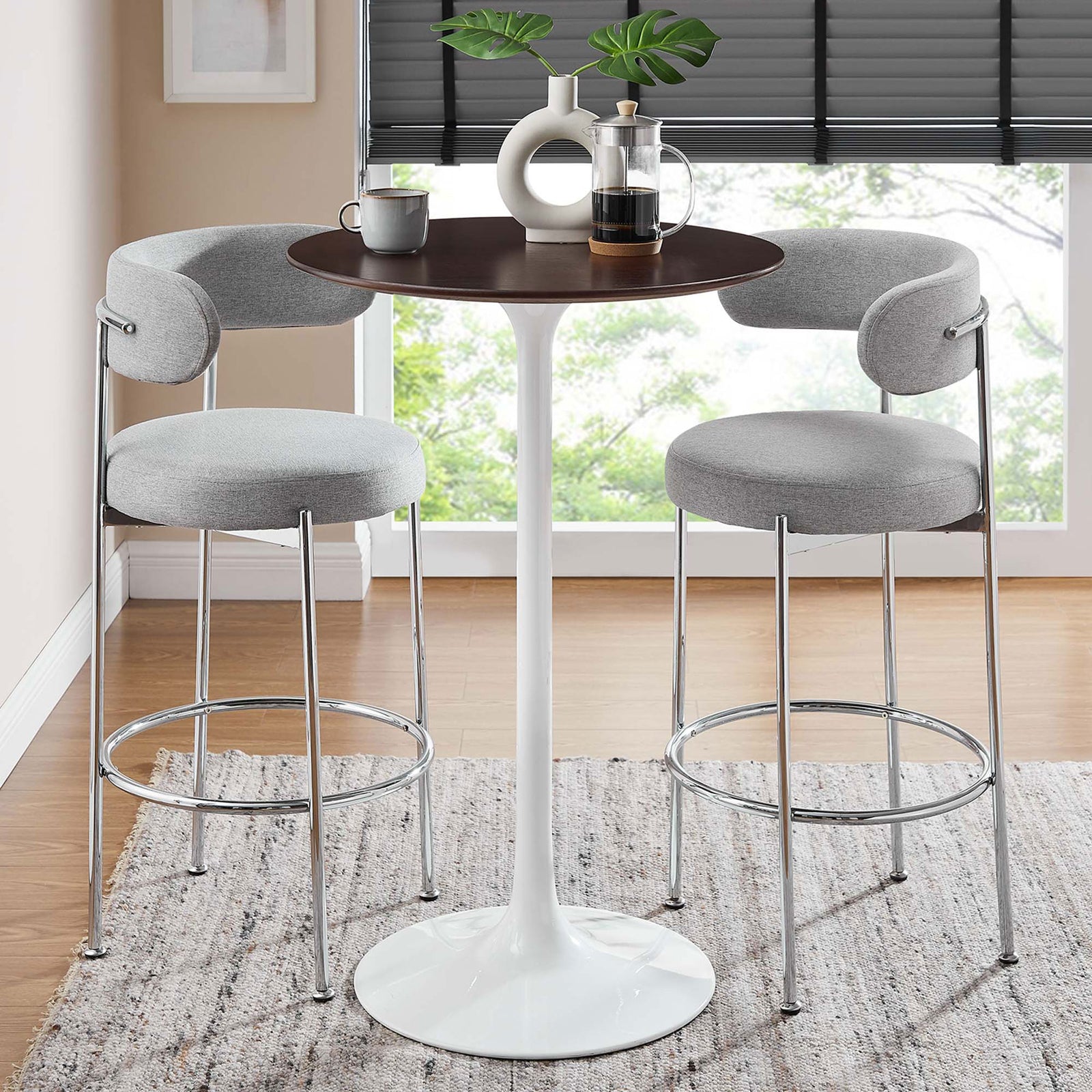 Sleek pedestal bar table anchors a modern dining nook || EEI-5199-WHI-CHE || front_angle_room