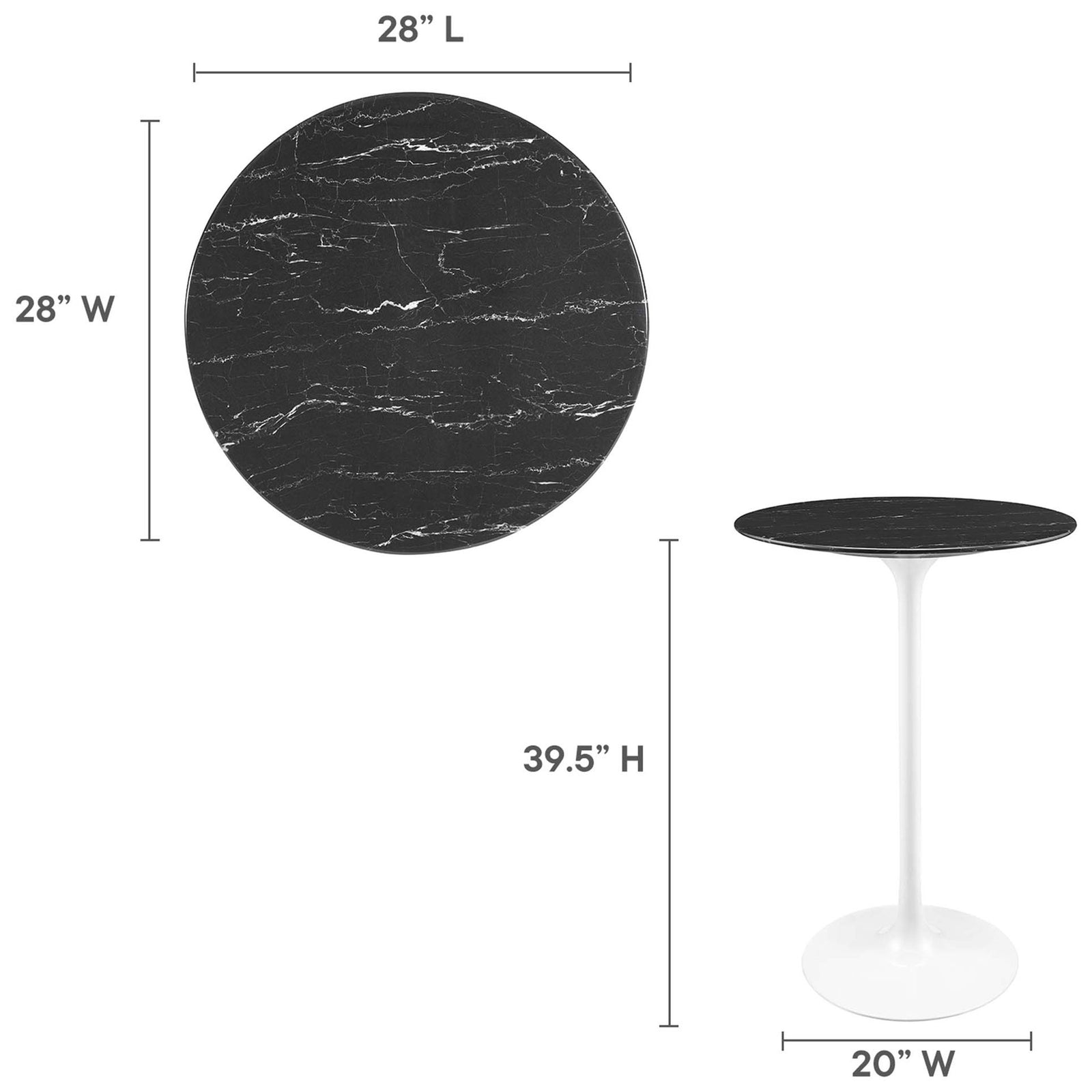 28-inch round tabletop, bar-height pedestal, and a 20-inch base width for compact dining || EEI-5203-WHI-BLK || dimension_studio