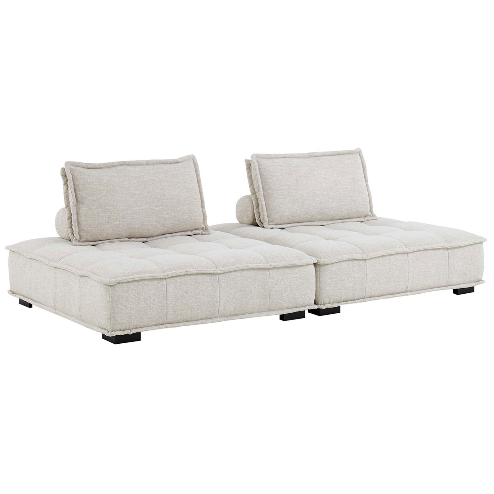Low-profile beige modular loveseat with square tufting and supportive bolster and back cushions. || EEI-5204-BEI || front_angle_multi_studio