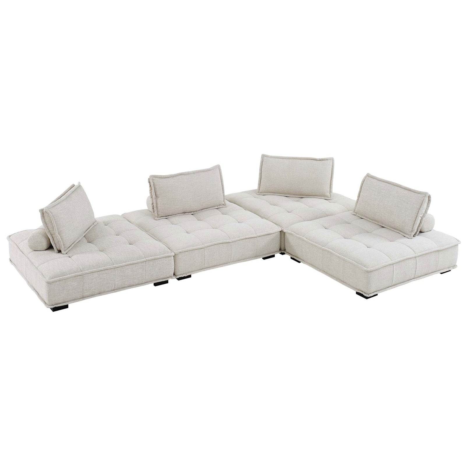 Beige tufted modular sectional in an L-shaped layout with plush back cushions and bolster pillows || EEI-5208-BEI || front_angle_studio