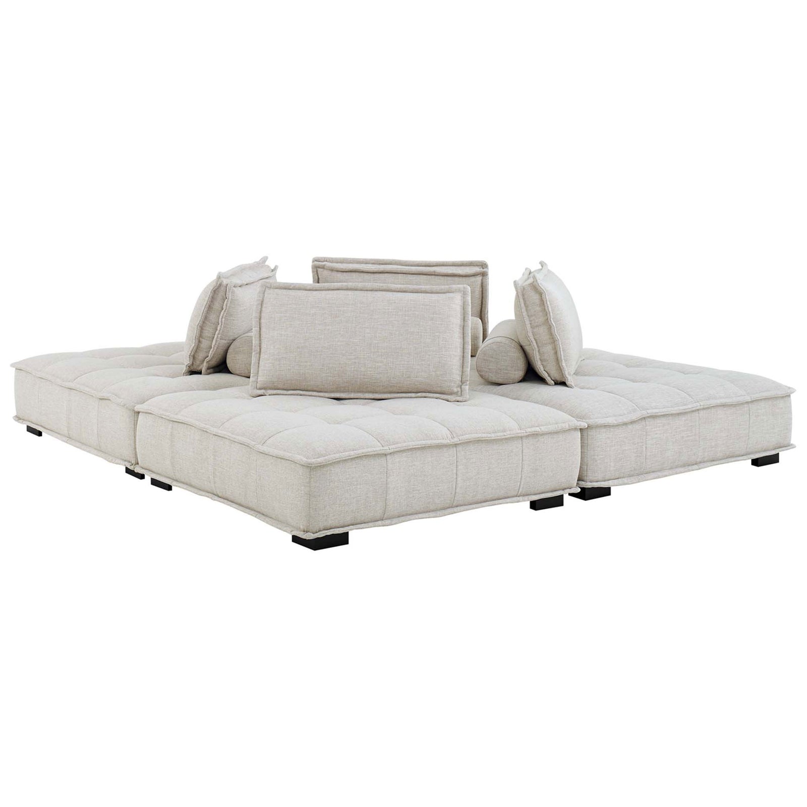 Four-piece beige sectional arranged in a square conversation pit with tufted seats and plush cushions || EEI-5208-BEI || top_angle_studio