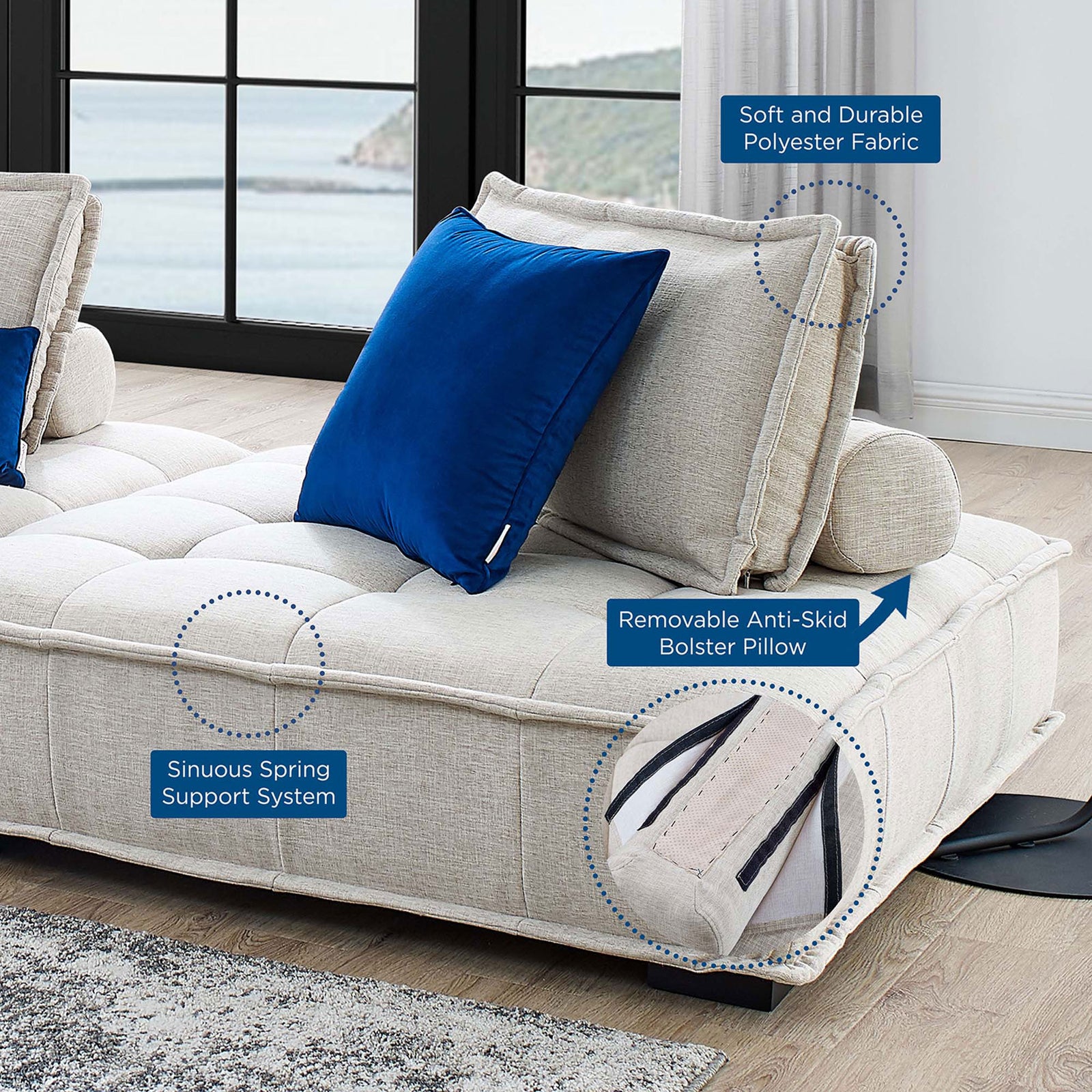 Beige Saunter sectional styled in a bright living room with callouts for fabric, bolster, and spring support || EEI-5208-BEI || callout_room