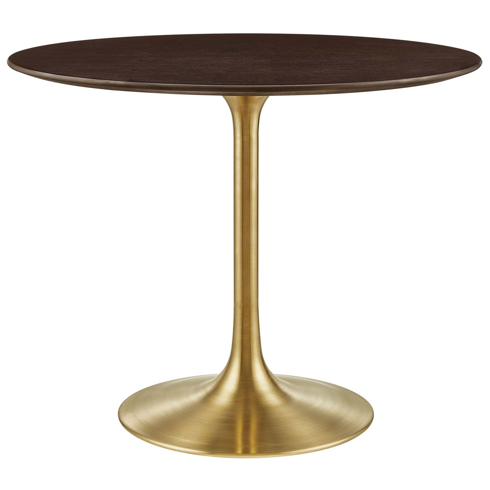 Round cherry walnut pedestal dining table with brushed gold base for sleek mid-century style || EEI-5214-GLD-CHE || front_studio