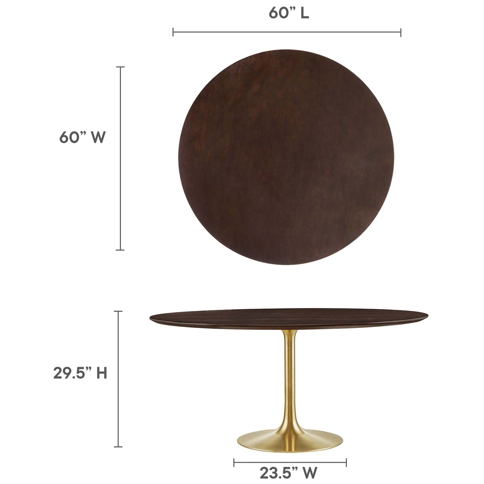 Dimensions of 60 inch round pedestal table illustrating generous surface space and 29.5 inch height || EEI-5232-GLD-CHE || dimension_studio