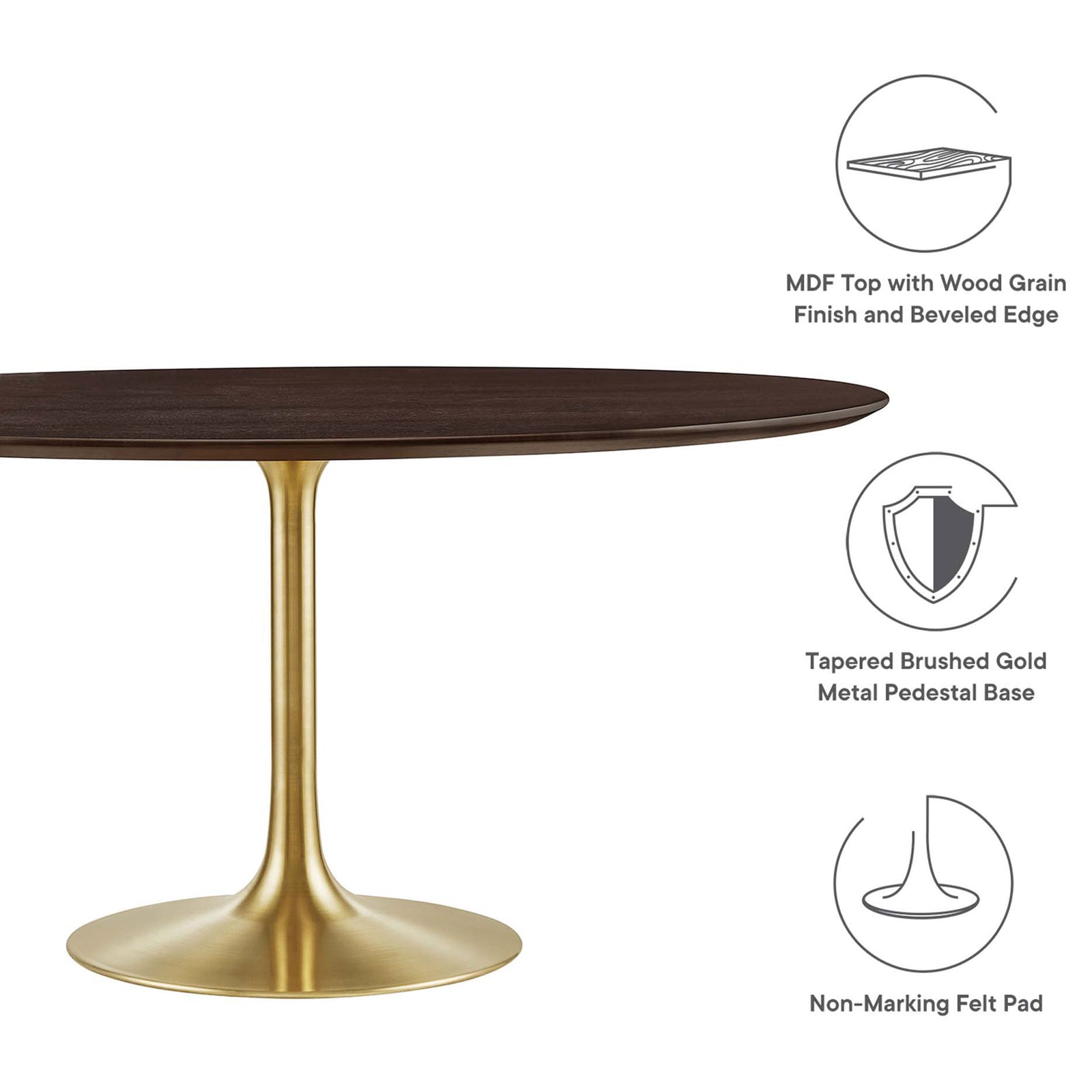 Cherry walnut dining table with feature icons for MDF wood grain top, brushed gold base, and floor pad || EEI-5232-GLD-CHE || callout_studio