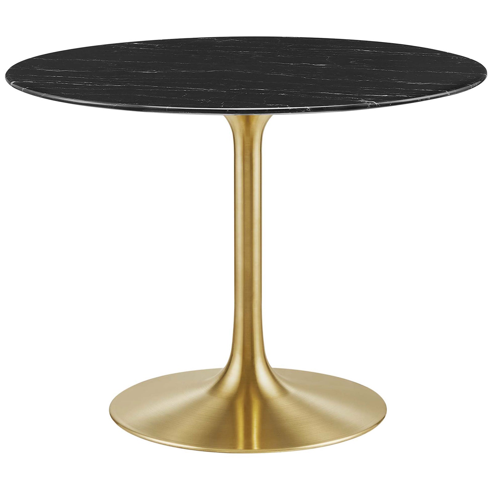 Black faux marble 40 inch round dining table with elegant brushed gold pedestal base for small spaces || EEI-5238-GLD-BLK || front_studio