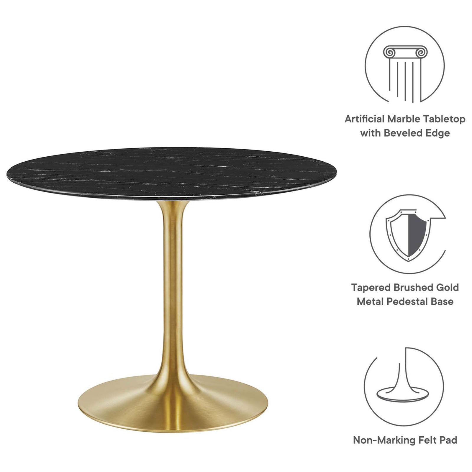 Black faux marble 40 inch dining table with icons calling out beveled edge, gold base, and non marking pad || EEI-5238-GLD-BLK || callout_studio