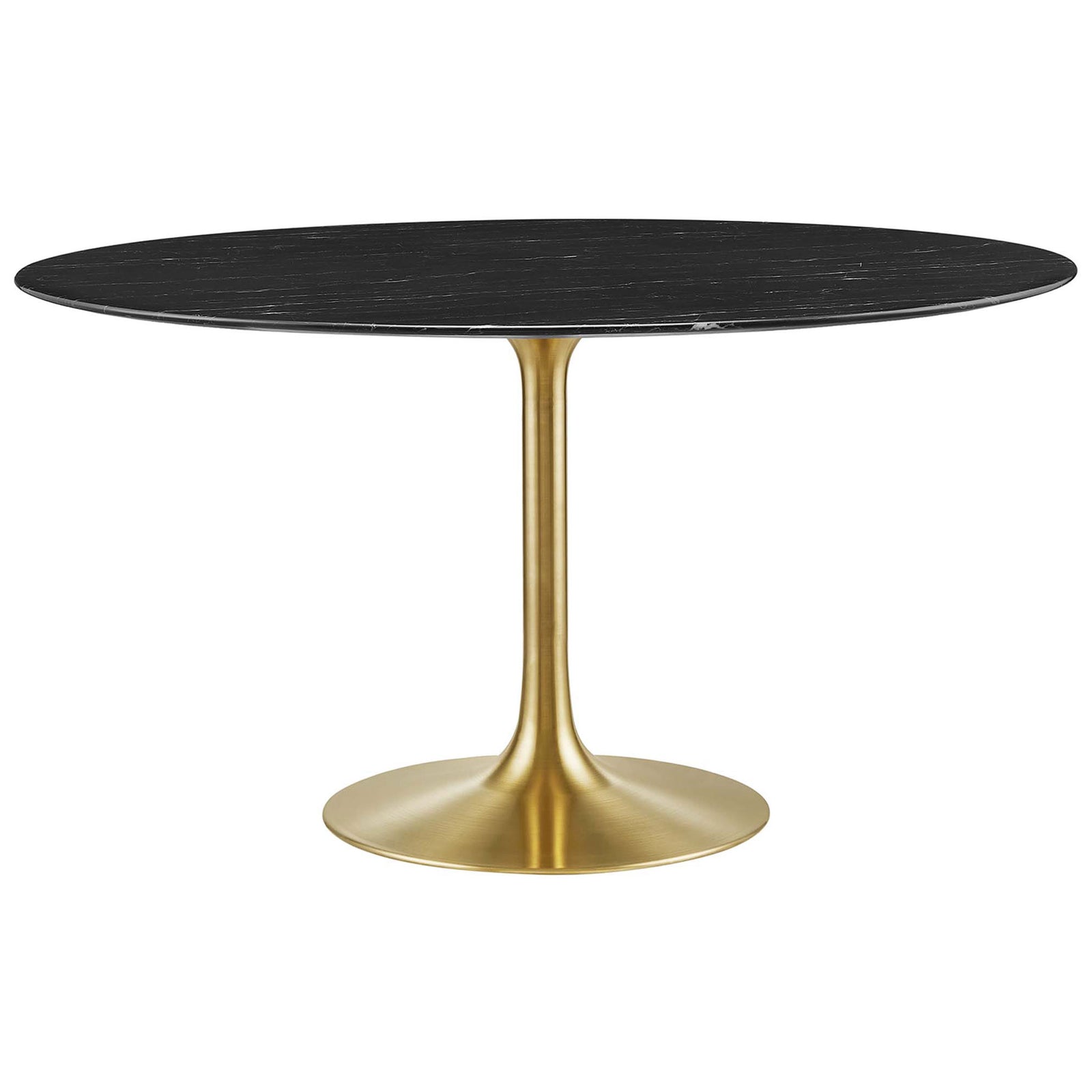 Black faux marble 54 inch round dining table with elongated profile and brushed gold pedestal base || EEI-5240-GLD-BLK || front_studio