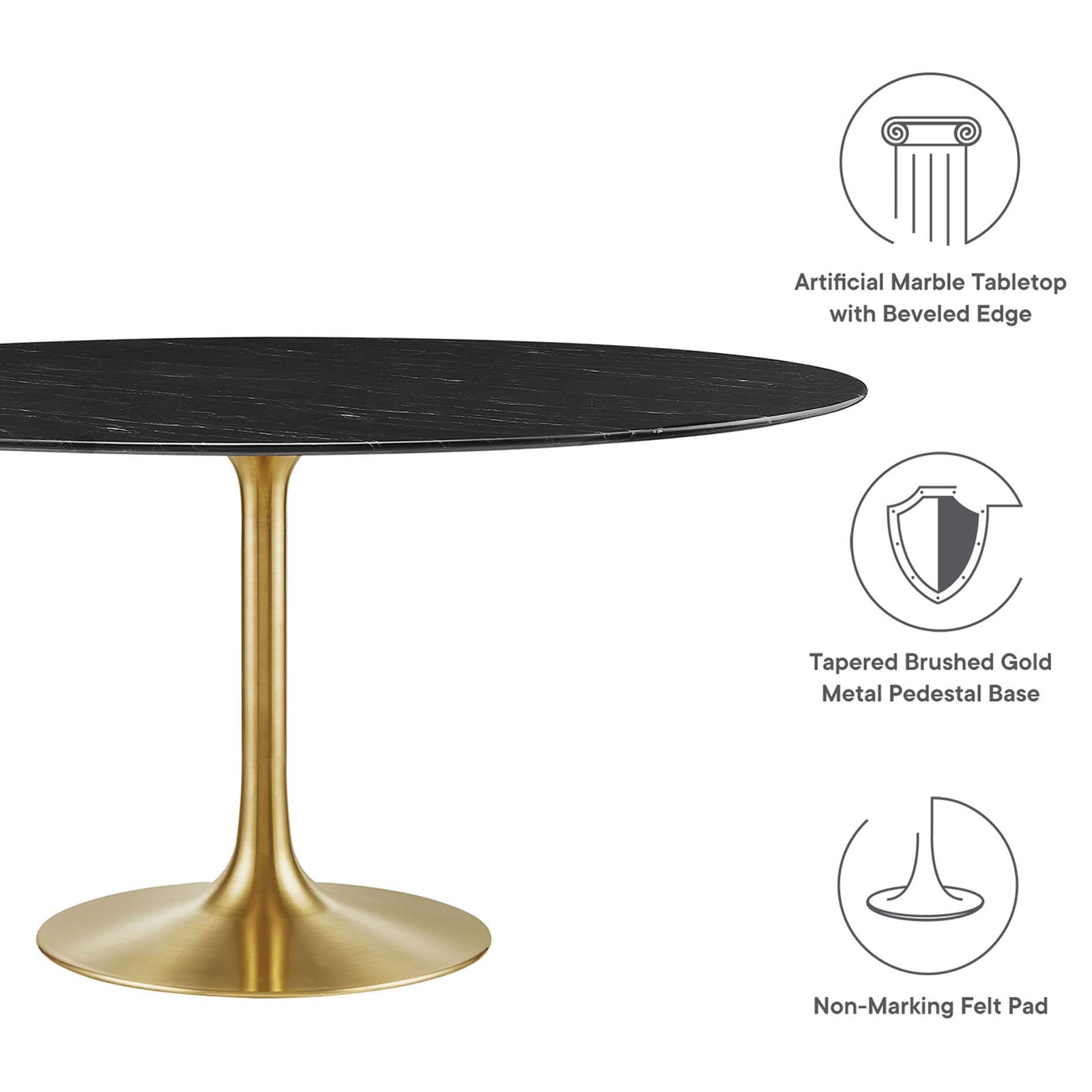 Black faux marble 60 inch dining table with icons highlighting beveled edge, gold base, and non marking pad || EEI-5241-GLD-BLK || callout_studio