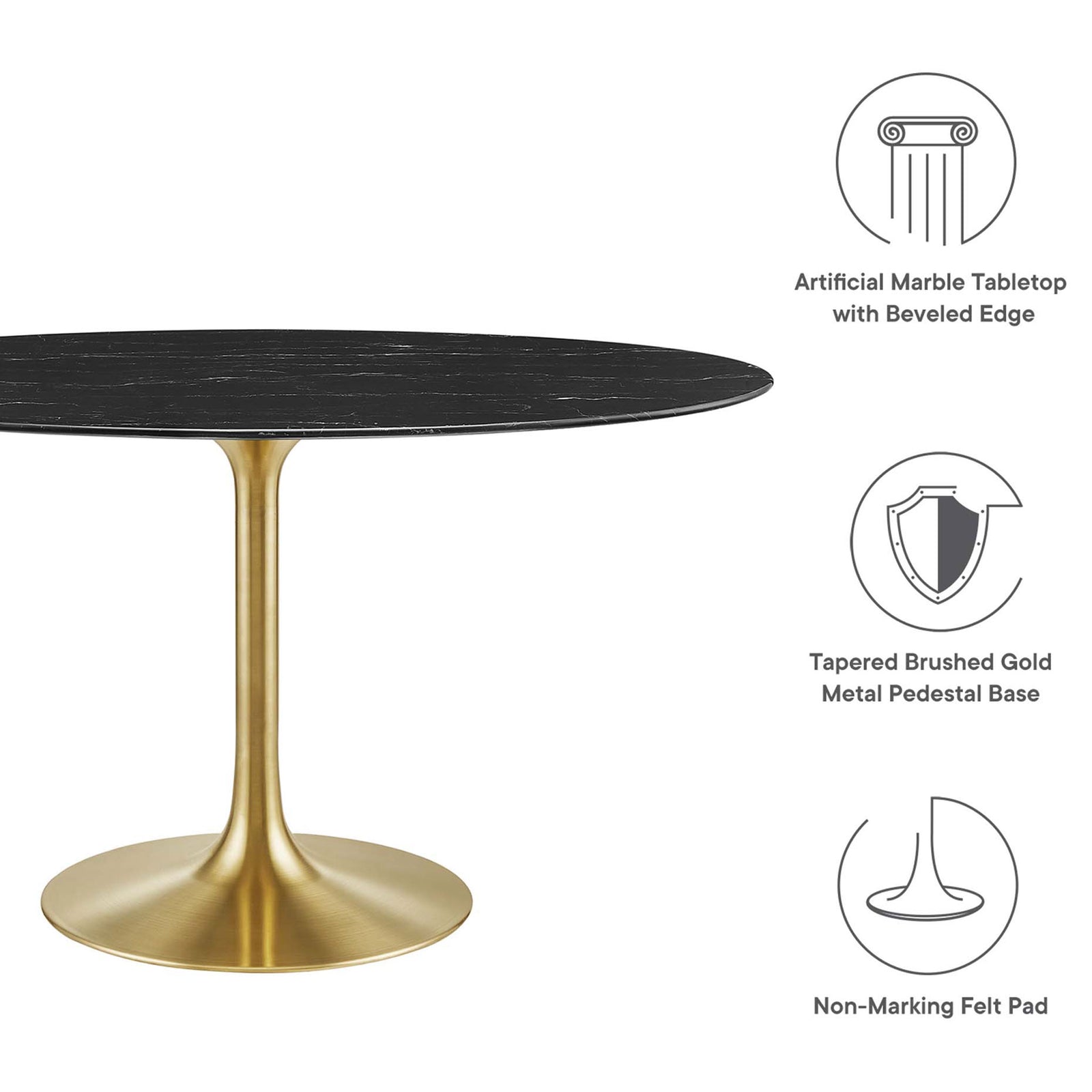 Feature icons highlighting beveled faux marble top, brushed gold pedestal base, and non-marking floor pad. || EEI-5242-GLD-BLK || callout_studio