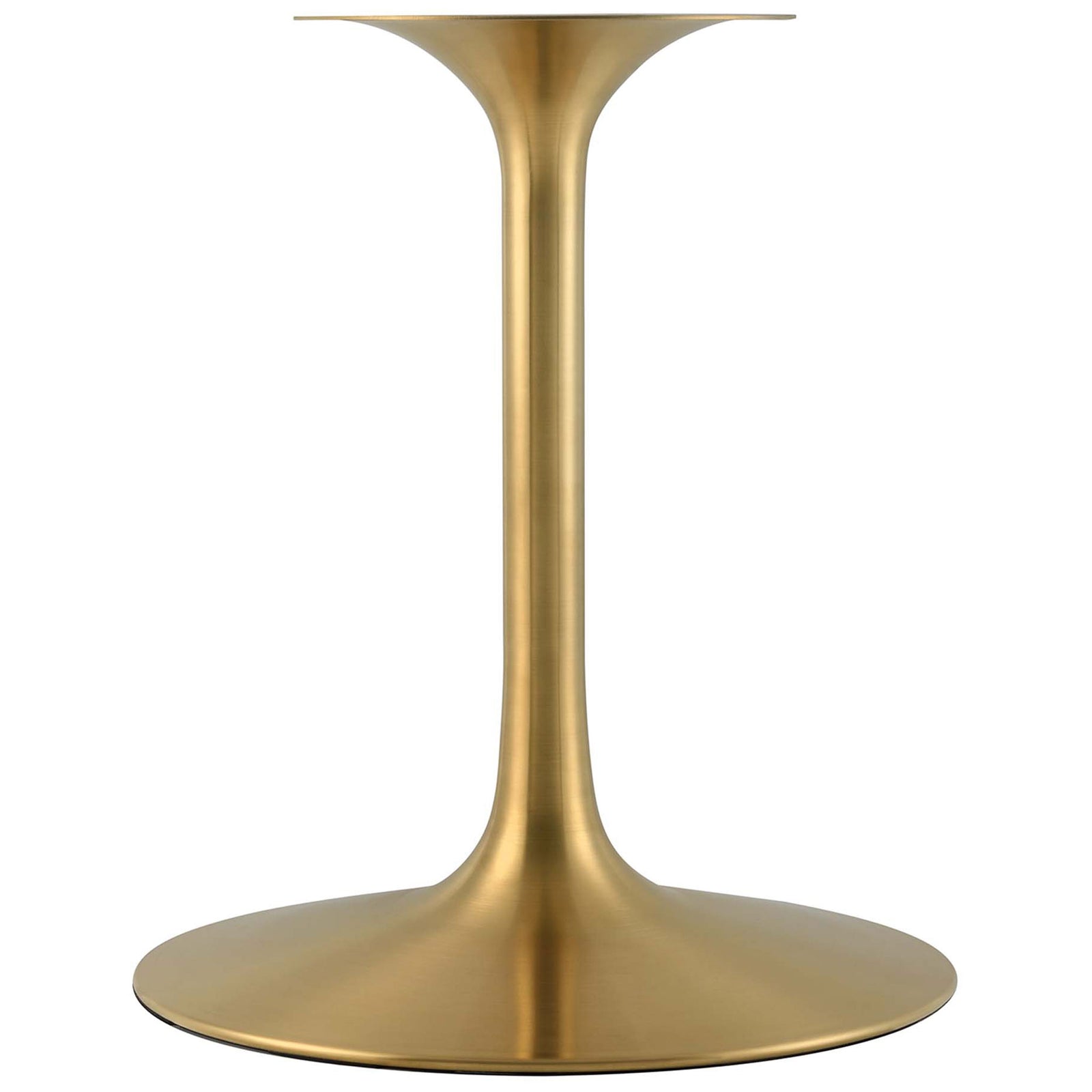 Curved brushed gold pedestal base with generous round foot supporting the 60-inch Lippa table. || EEI-5243-GLD-BLK || leg_studio