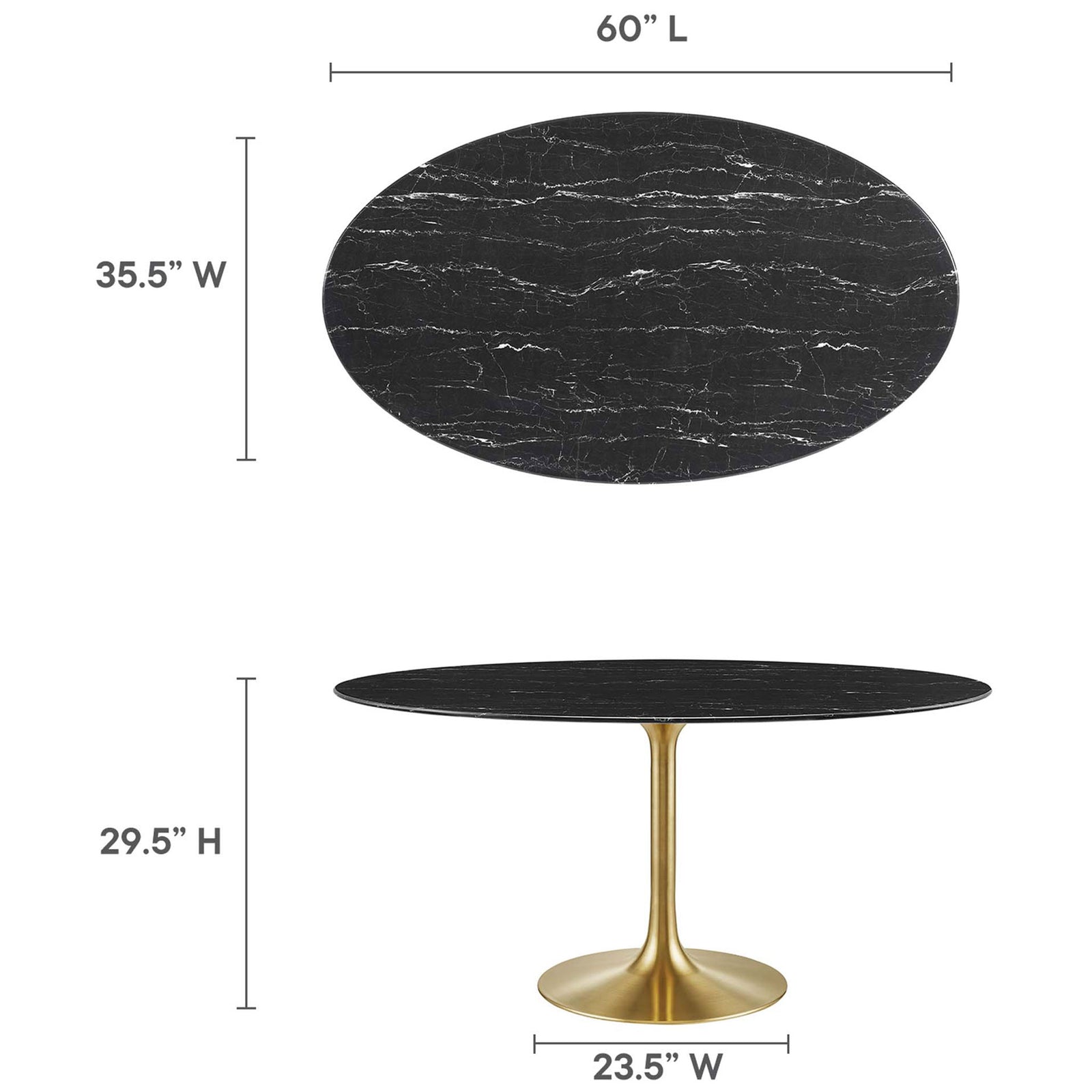 Dimension guide detailing the length, width, and height of the 60-inch oval dining table. || EEI-5243-GLD-BLK || dimension_studio