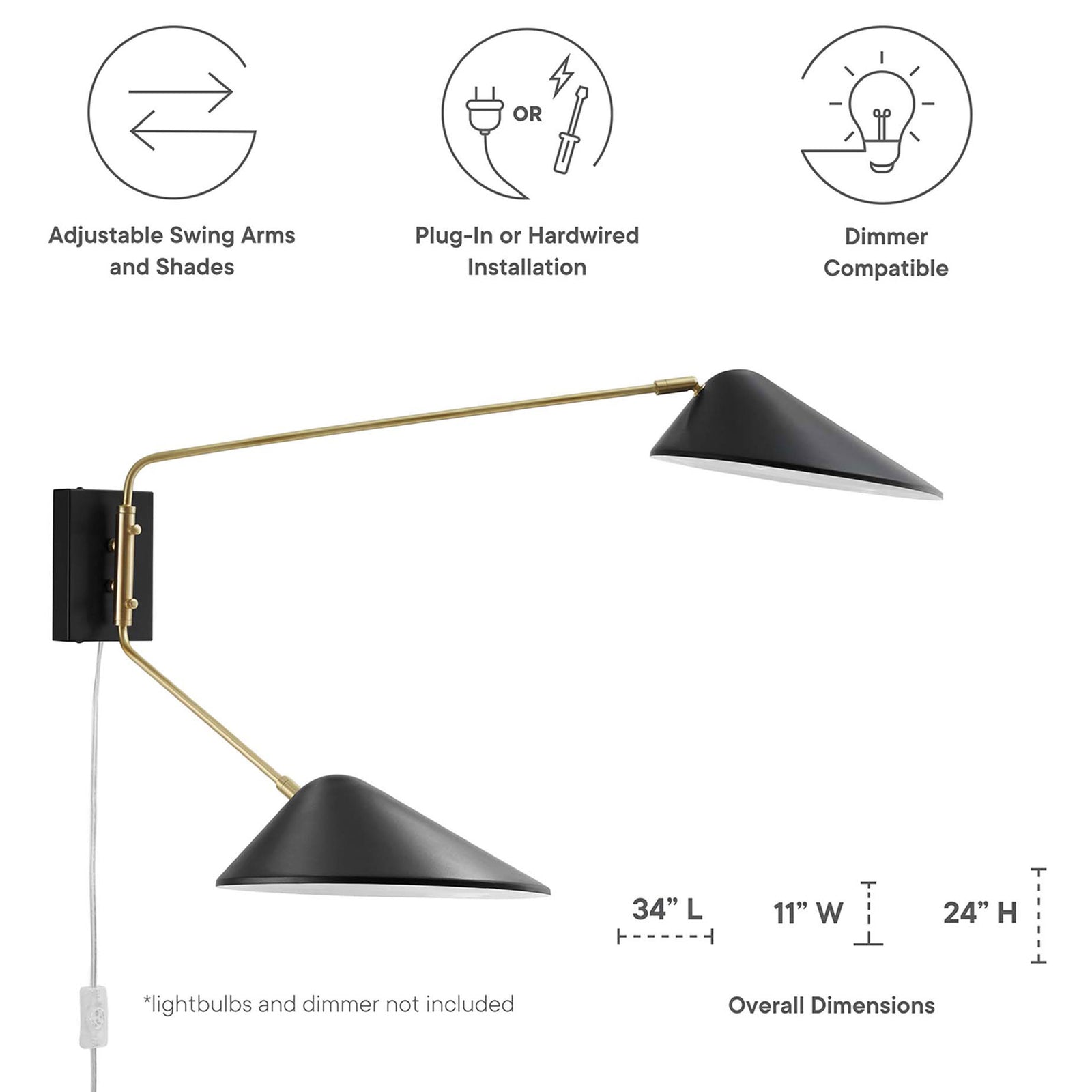 Feature diagram highlighting Journey 2-light sconce dimensions and plug-in or hardwire options. || EEI-5294-BLK || dimension_studio