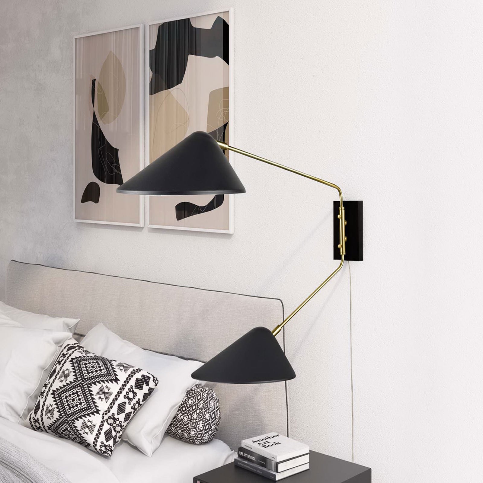 Twin adjustable shades wash soft light across the bedroom wall and nightstand. || EEI-5294-BLK || front_angle_room
