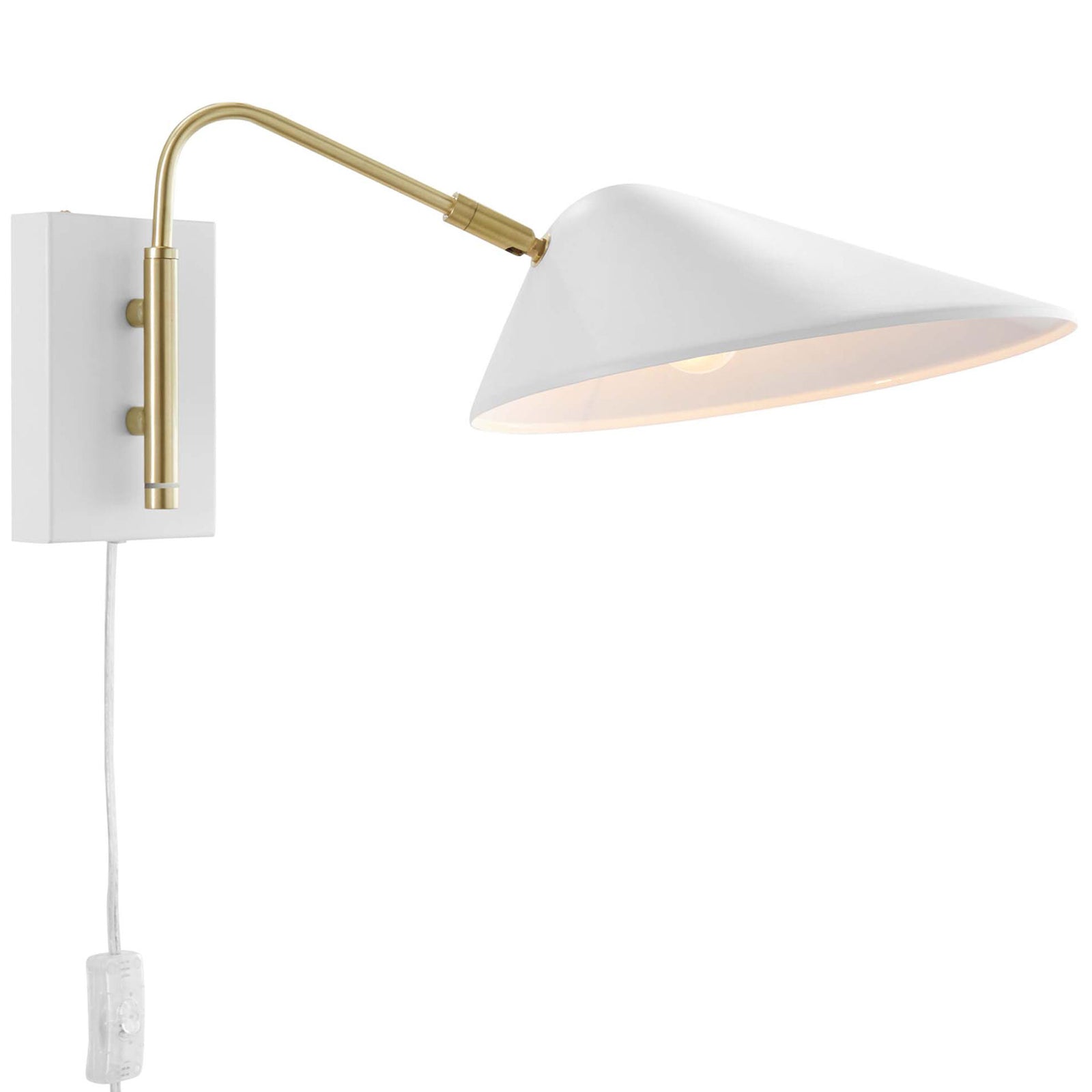 White swing arm wall sconce with satin brass arm and broad matte shade for airy modern style. || EEI-5296-WHI || front_angle_on_studio