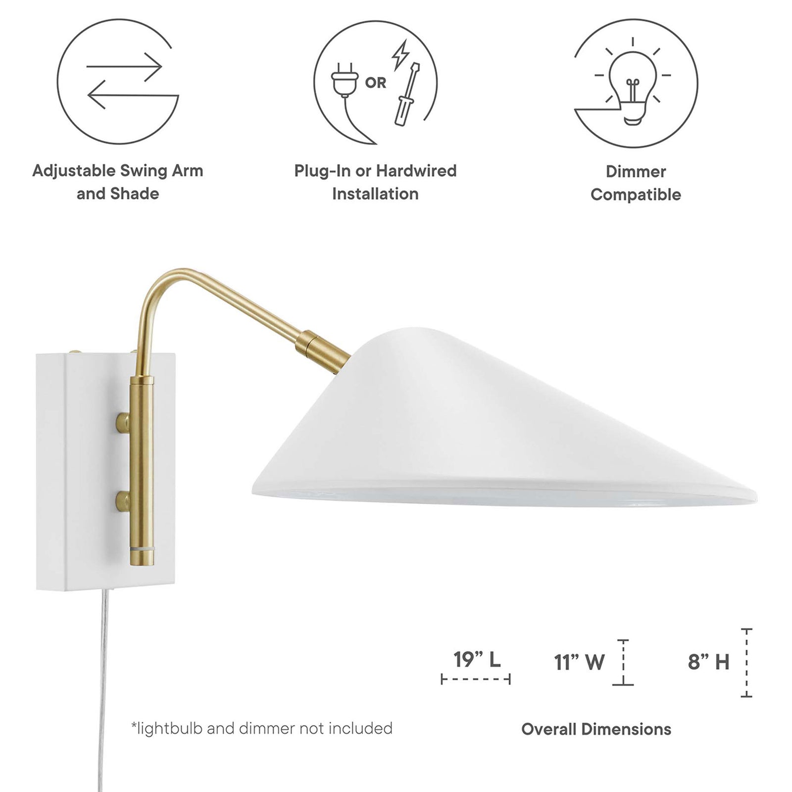 Diagram highlighting Journey white swing arm sconce measurements and mounting options. || EEI-5296-WHI || dimension_studio