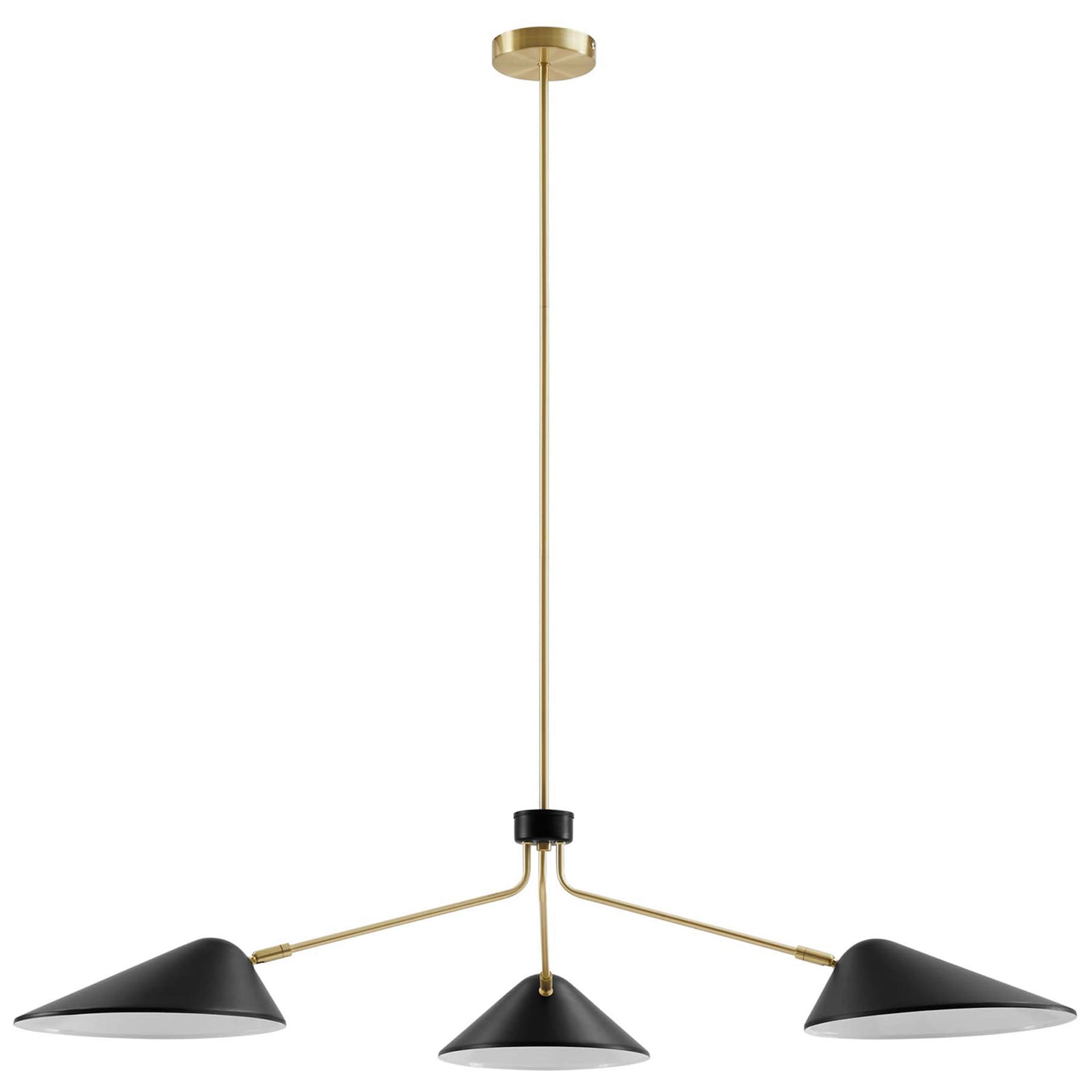 Sleek three-light pendant with black metal shades and satin brass rod for a refined modern look || EEI-5297-BLK || front_studio