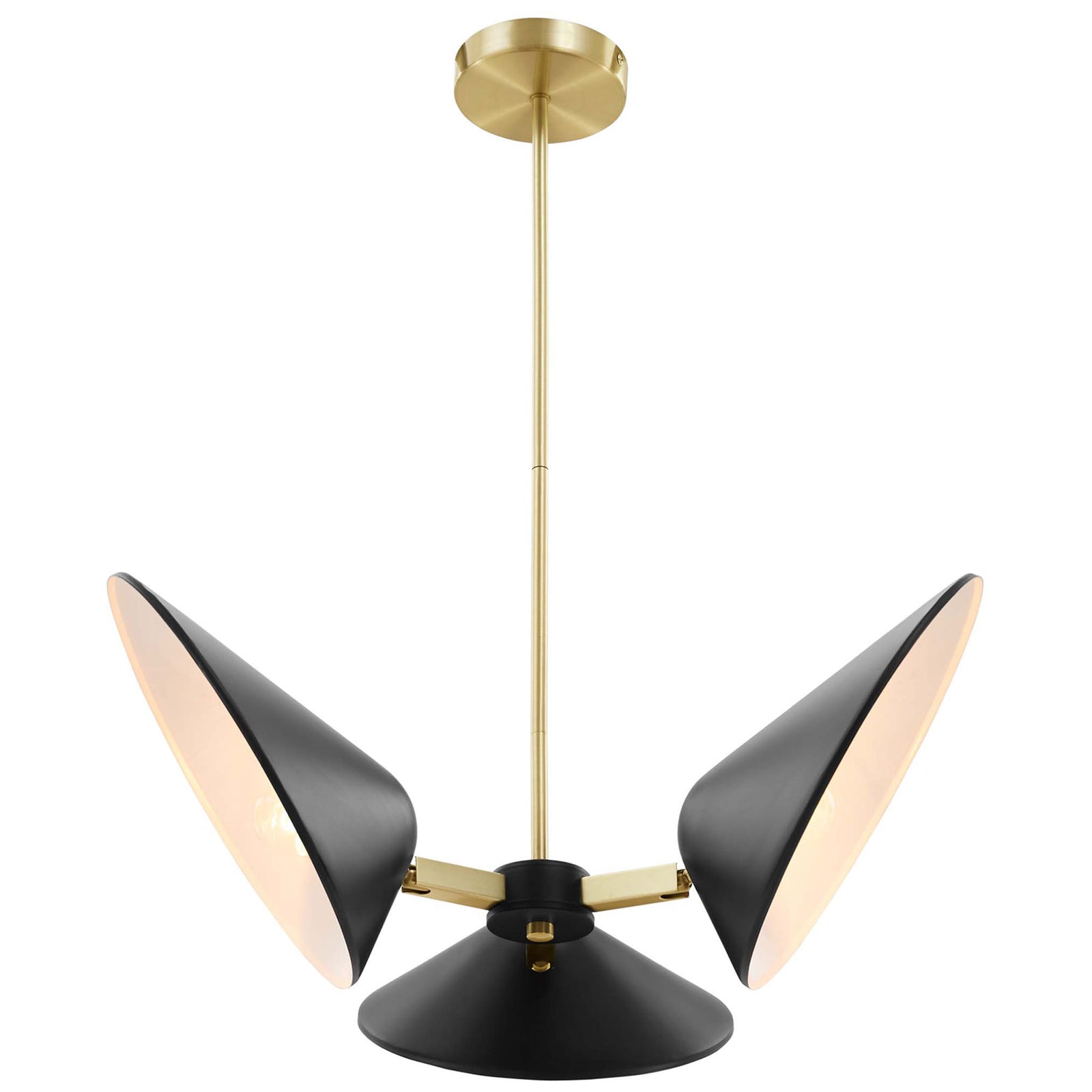 Striking 3-light pendant with matte black cone shades and satin brass stem || EEI-5299-BLK || front_on_studio