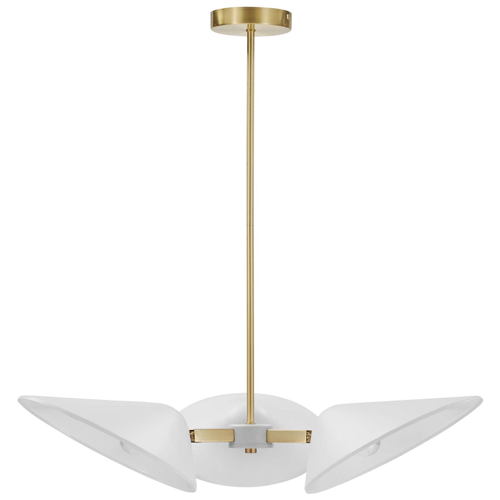 White triple-shade pendant pairs sculpted metal shades with a satin brass canopy and rod || EEI-5299-WHI || front_studio