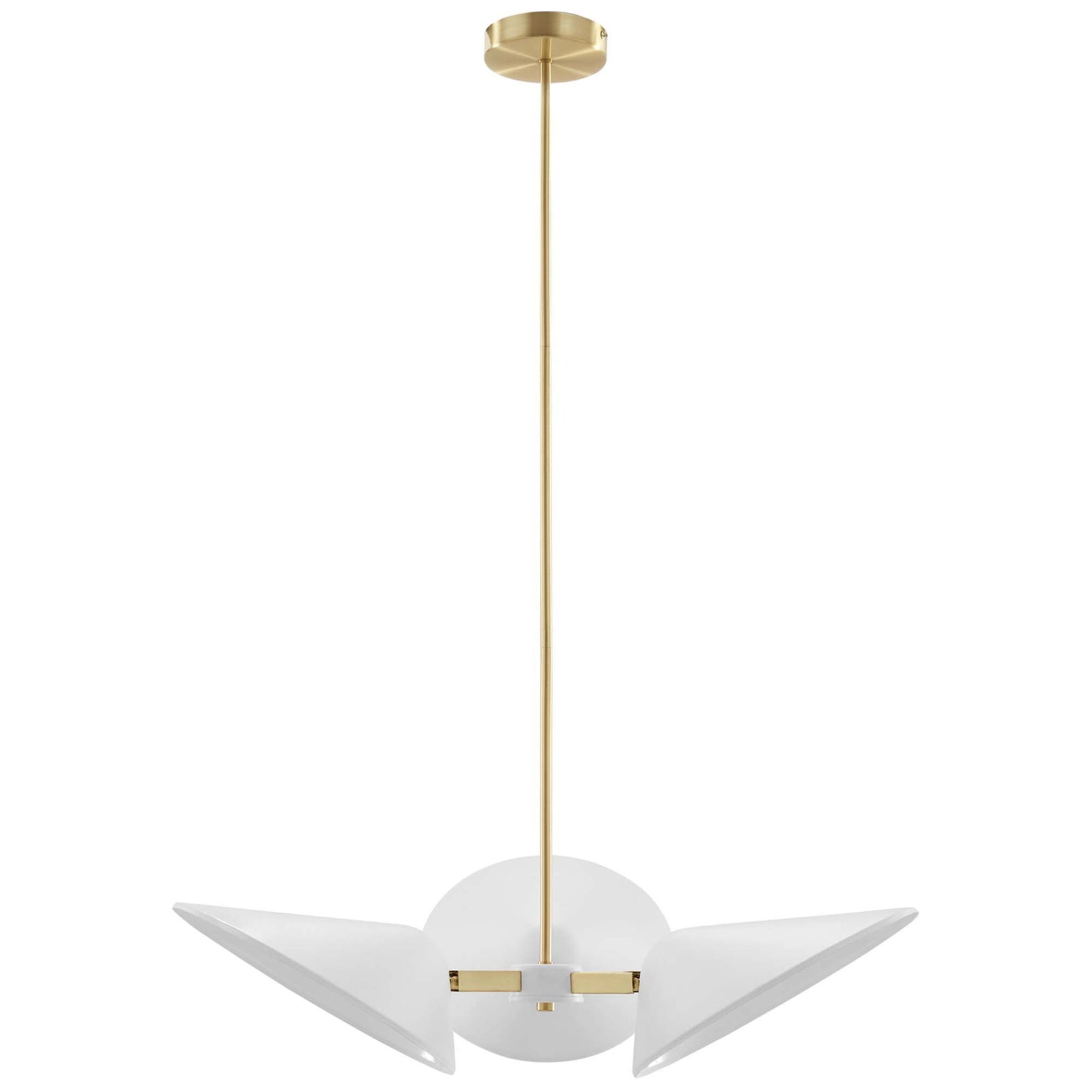 Streamlined pendant shows its trio of adjustable white shades radiating from a satin brass hub || EEI-5299-WHI || front_studio