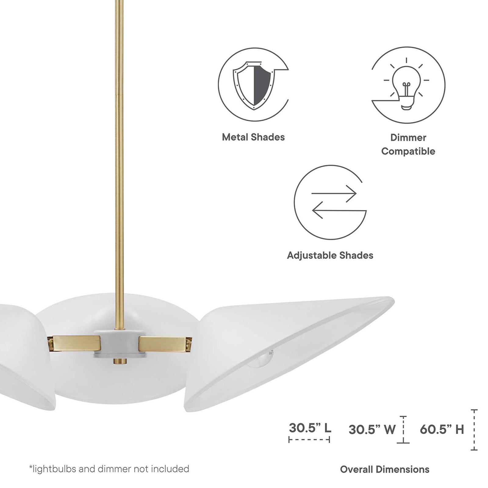 Adjustable shades and dimmer compatibility with overall dimensions for easy planning || EEI-5299-WHI || dimension_studio