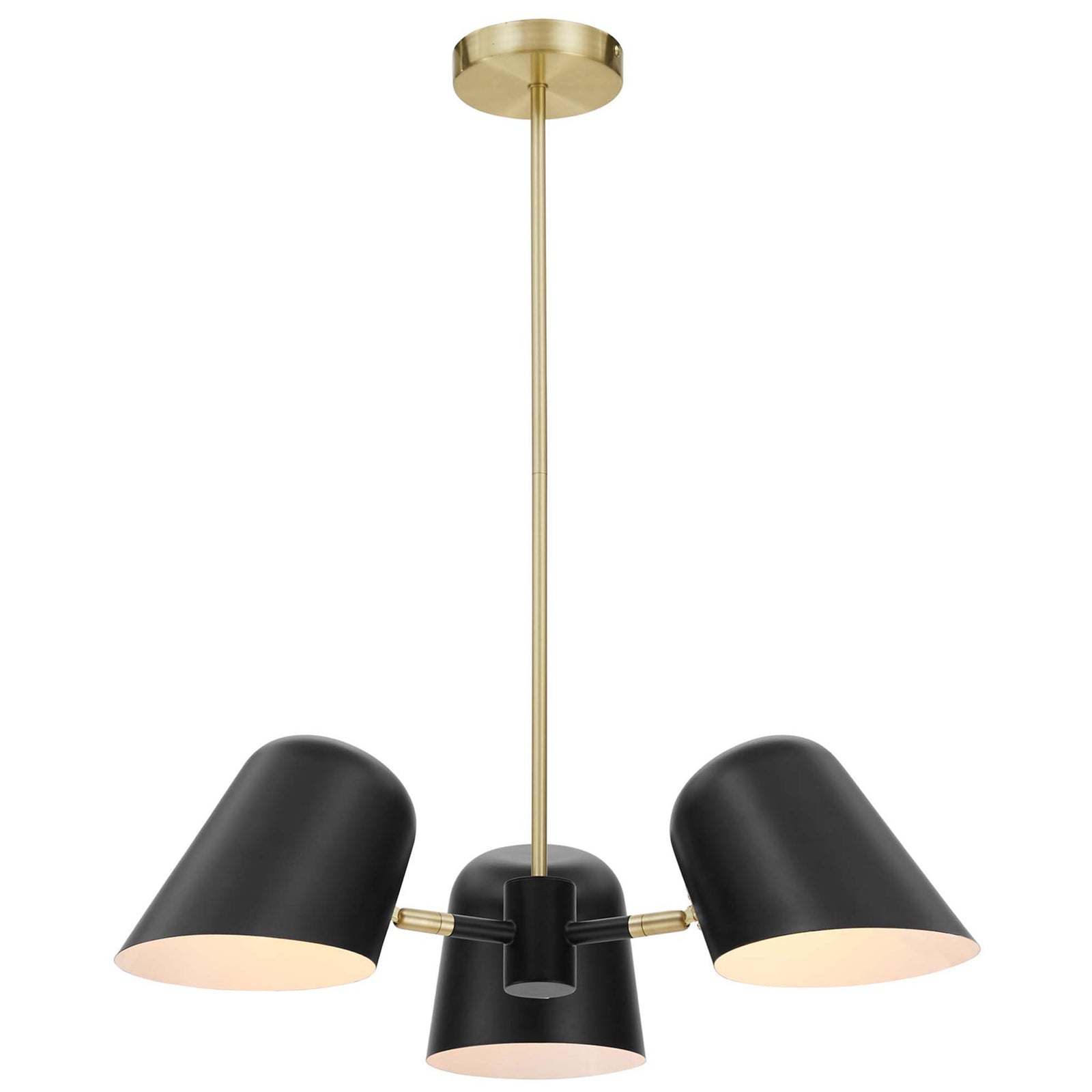Satin brass downrod and canopy pair with three matte black metal shades for a sleek mid-century pendant || EEI-5301-BLK || front_on_studio