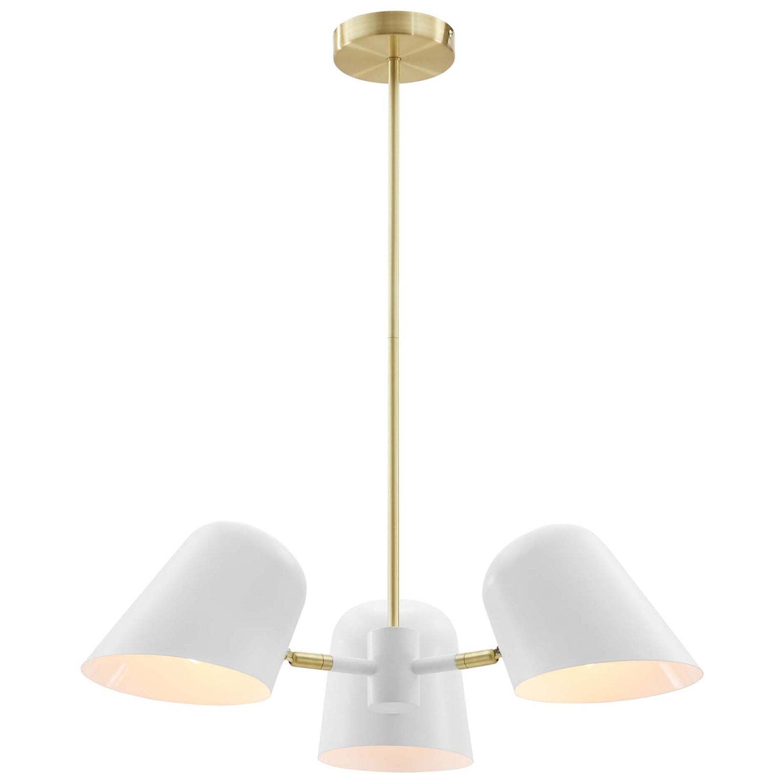 Mid-century pendant with satin brass accents and three white metal shades in a modern silhouette || EEI-5301-WHI || front_on_studio