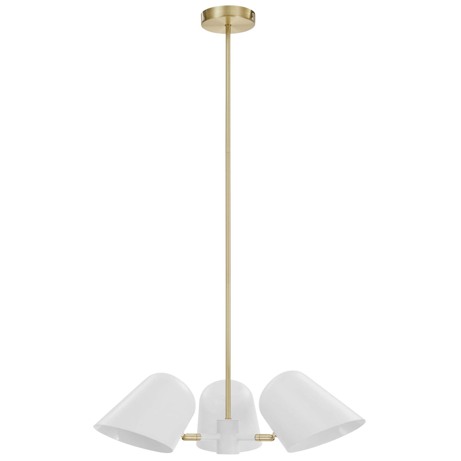 Satin brass hardware pairs with matte white shades for a refined, sculptural statement light || EEI-5301-WHI || front_studio