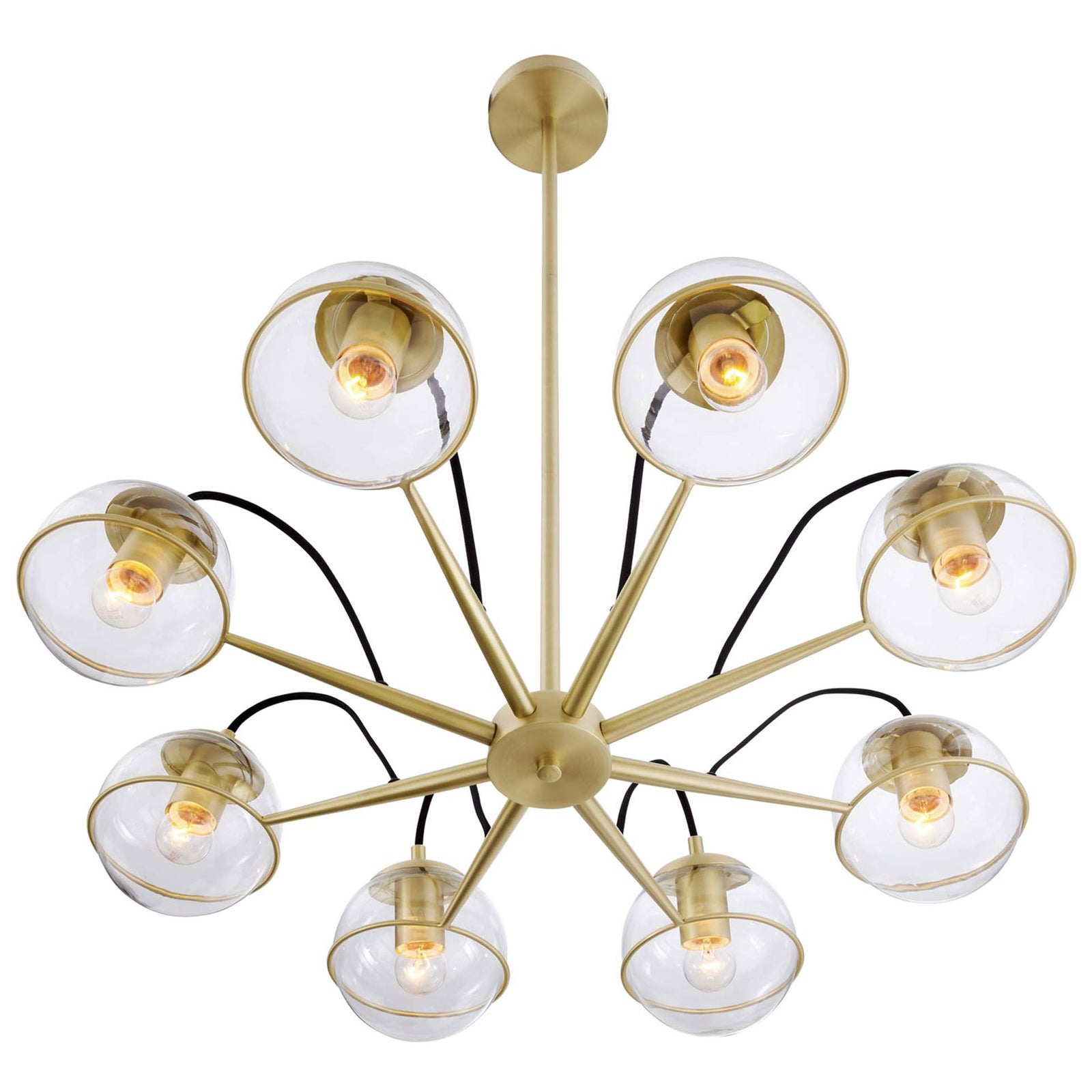 Radiating starburst design with luminous glass orbs encircled by satin brass rings || EEI-5307-CLR-GLD || front_angle_on_studio
