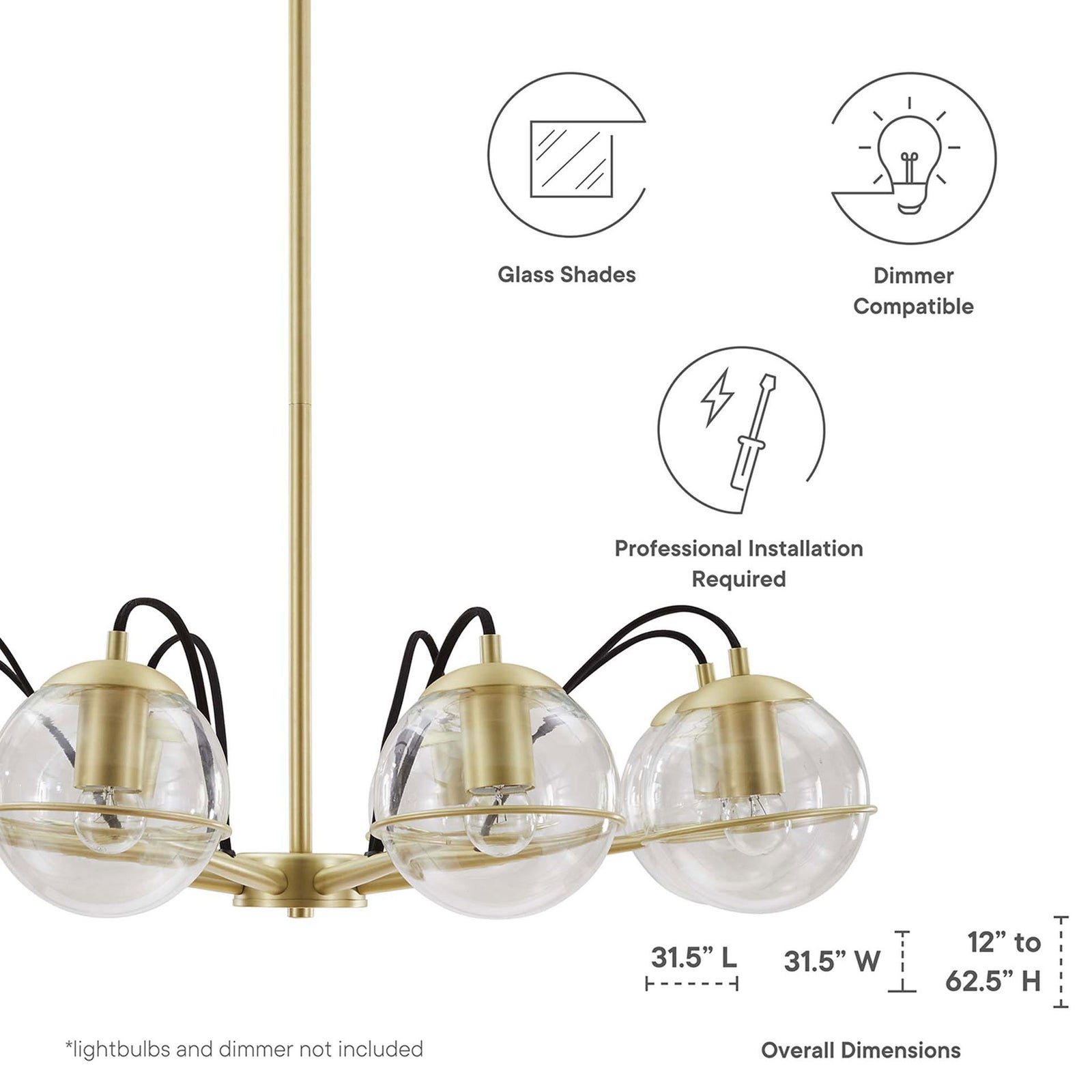 Dimmer-compatible chandelier with glass shades and adjustable height dimensions shown || EEI-5307-CLR-GLD || dimension_studio