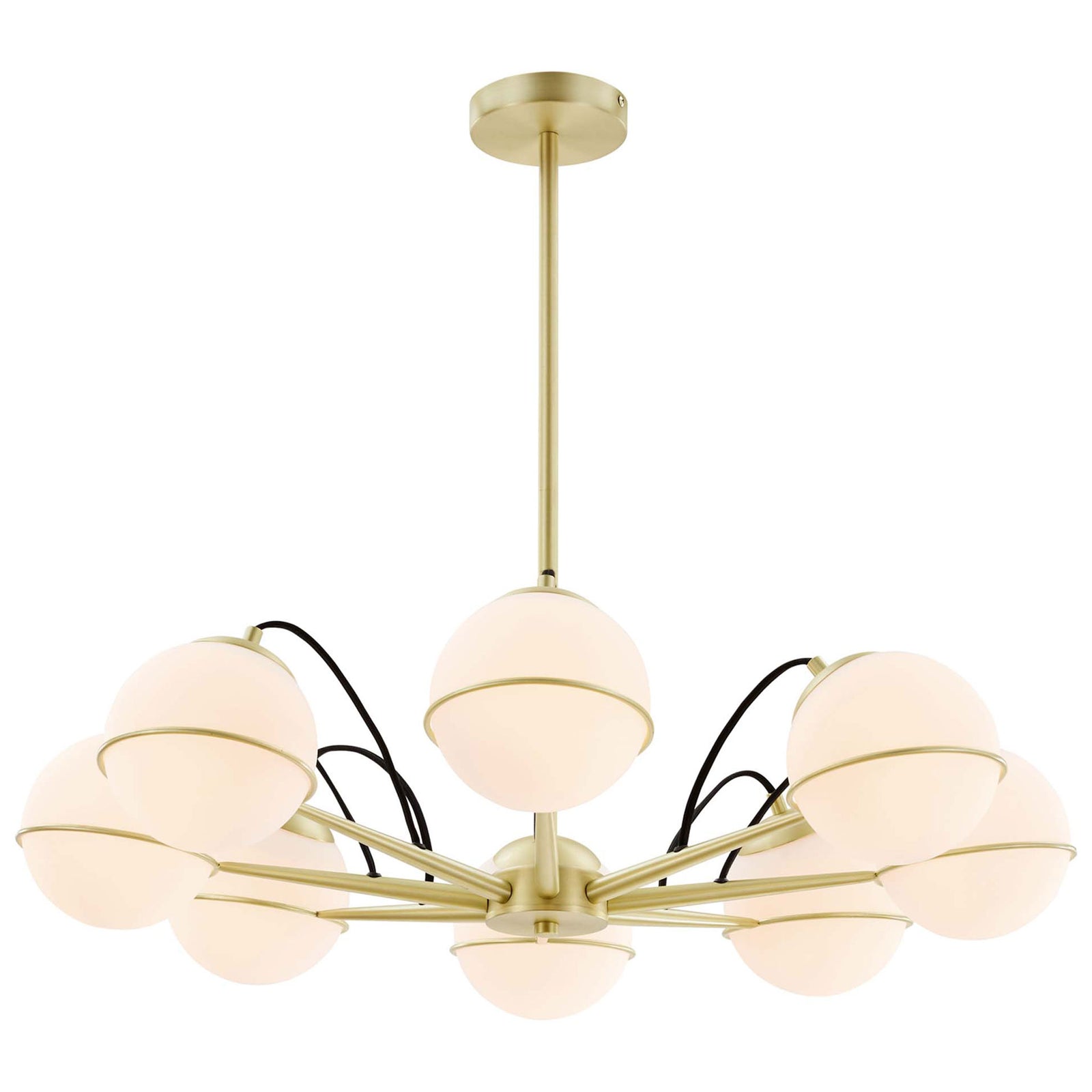 Warmly glowing glass spheres radiate from a satin brass starburst for inviting ambient light || EEI-5307-OPA-GLD || front_on_studio