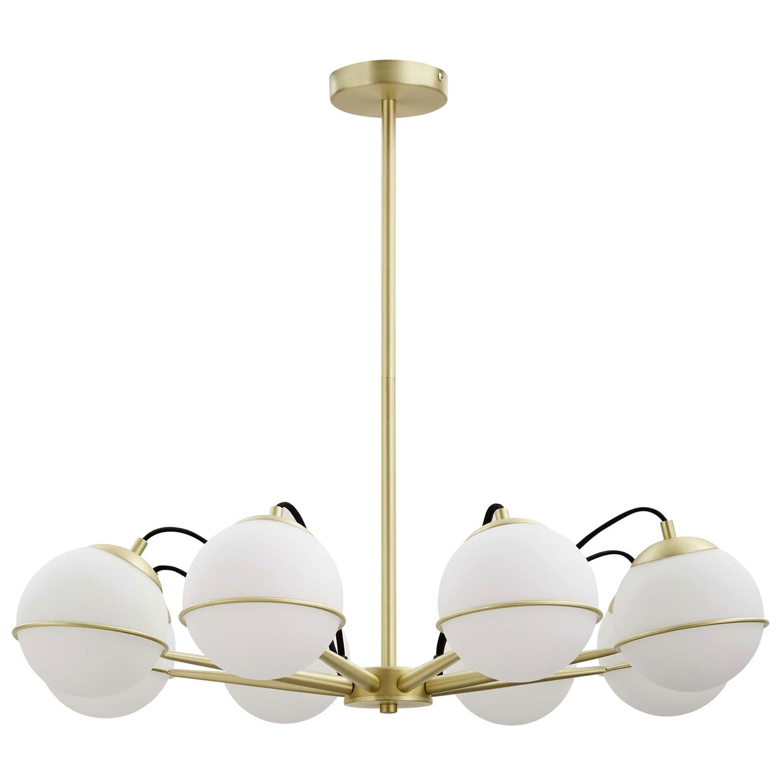 Eight white glass globes orbit a satin brass frame for a modern constellation-inspired chandelier || EEI-5307-OPA-GLD || front_studio