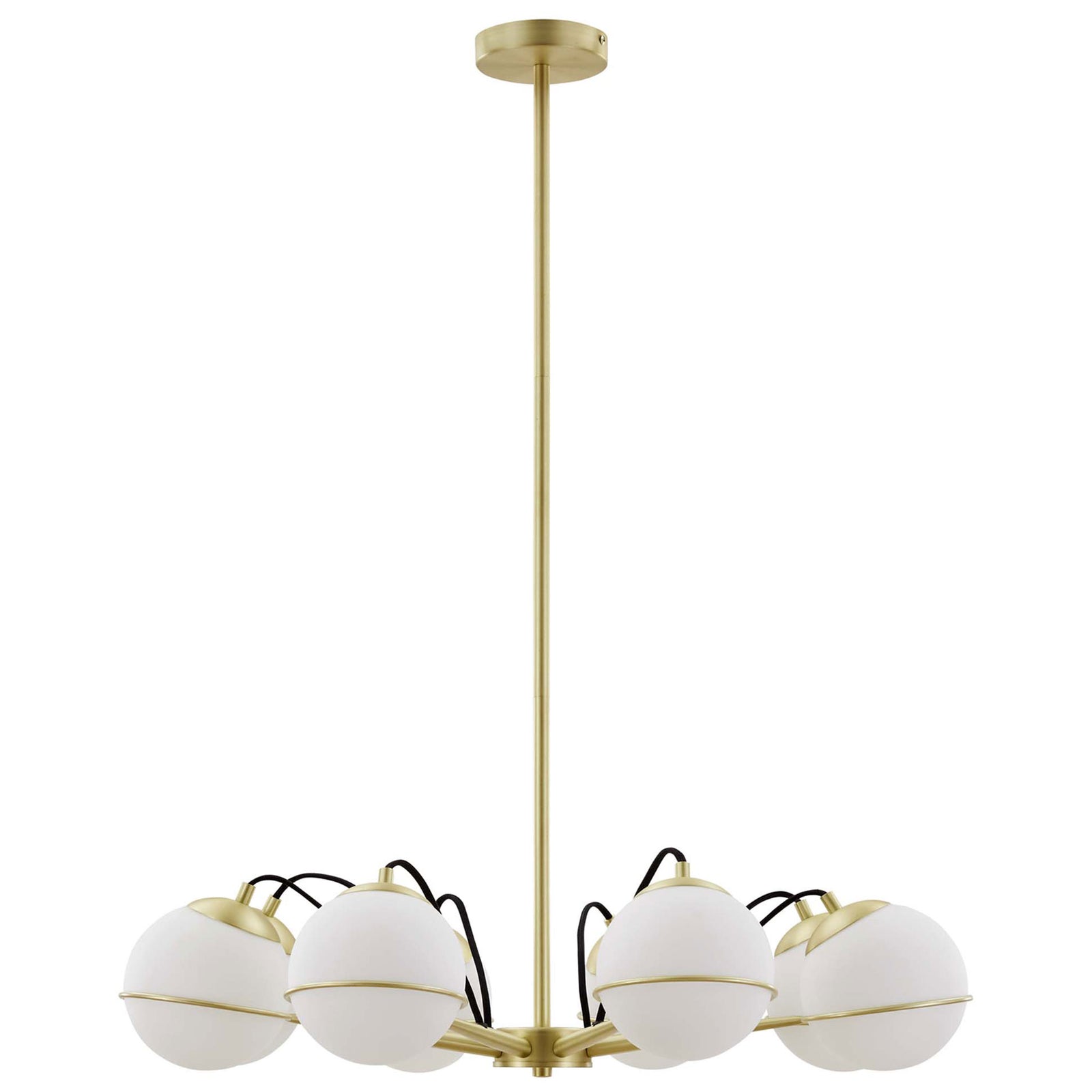 Elongated downrod showcases the chandelier's adjustable drop for perfect ceiling fit || EEI-5307-OPA-GLD || front_studio