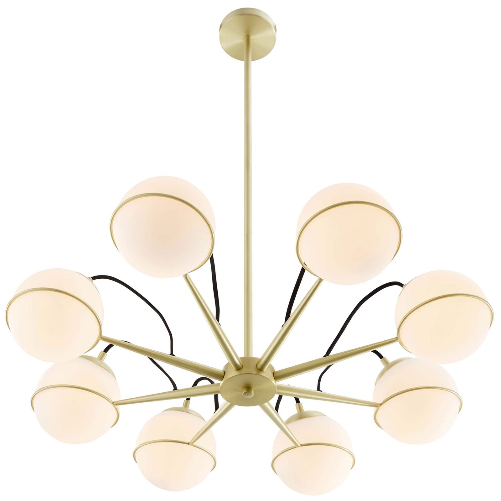 Radiant brass arms extend evenly as globes cast a soft, ambient glow across your space || EEI-5307-OPA-GLD || front_angle_on_studio