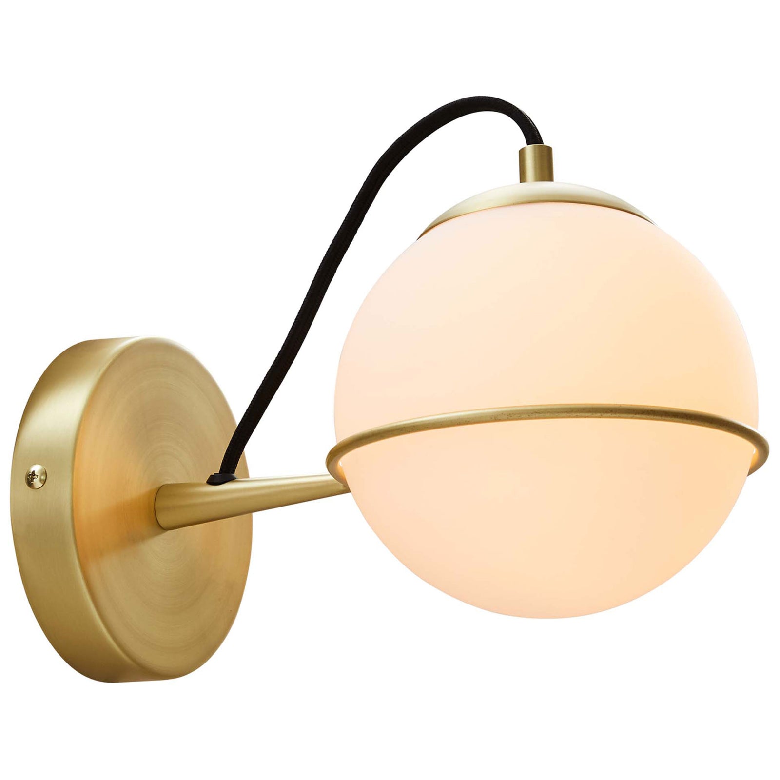 Warmly lit opal glass globe sconce in satin brass with a black cord and slim accent ring || EEI-5308-OPA-GLD || front_angle_on_studio